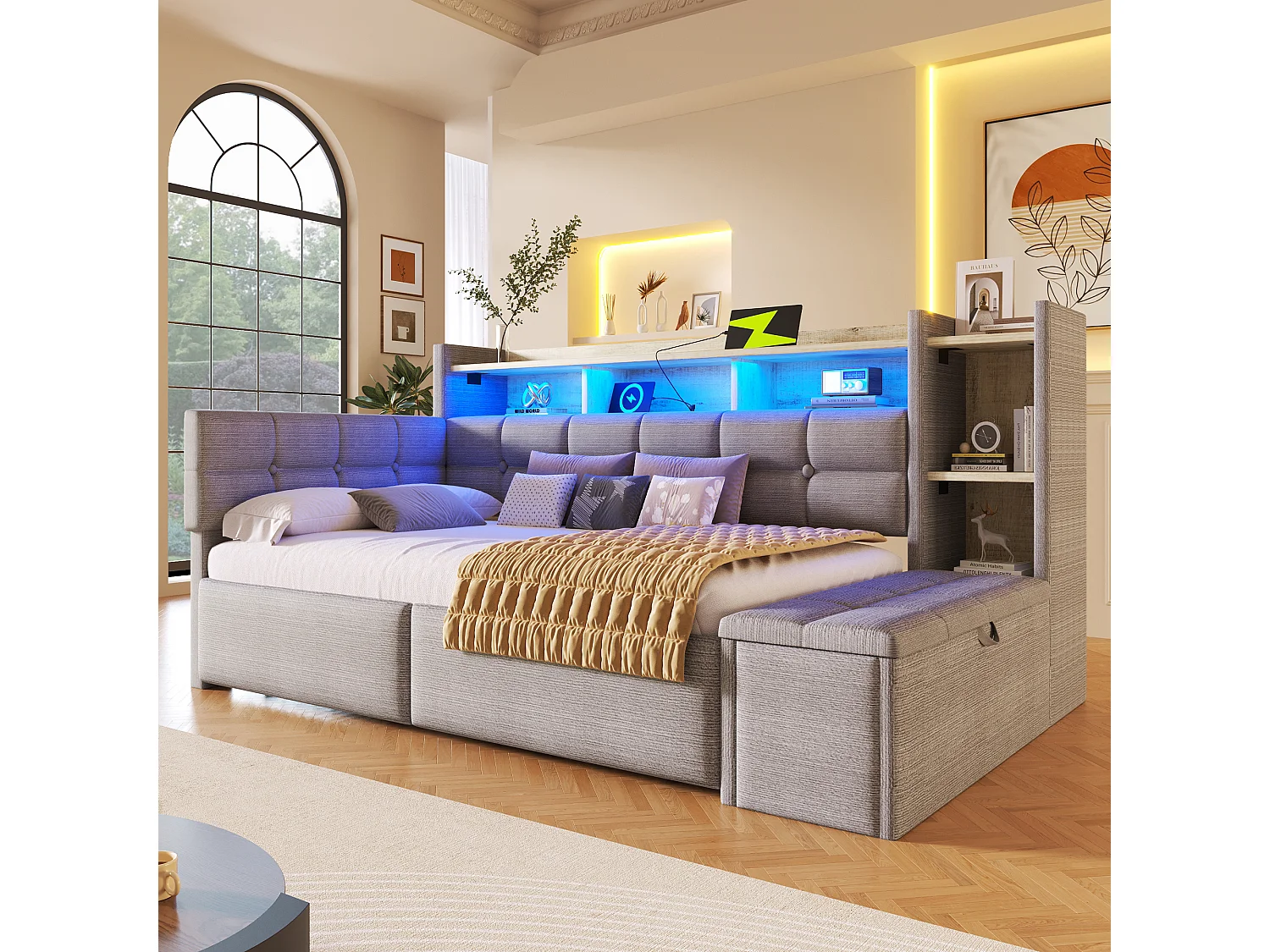 Canapé-lit 90 x 190 cm - avec 2 tiroirs + USB + étagère + banc de rangement + Leds - velours - gris