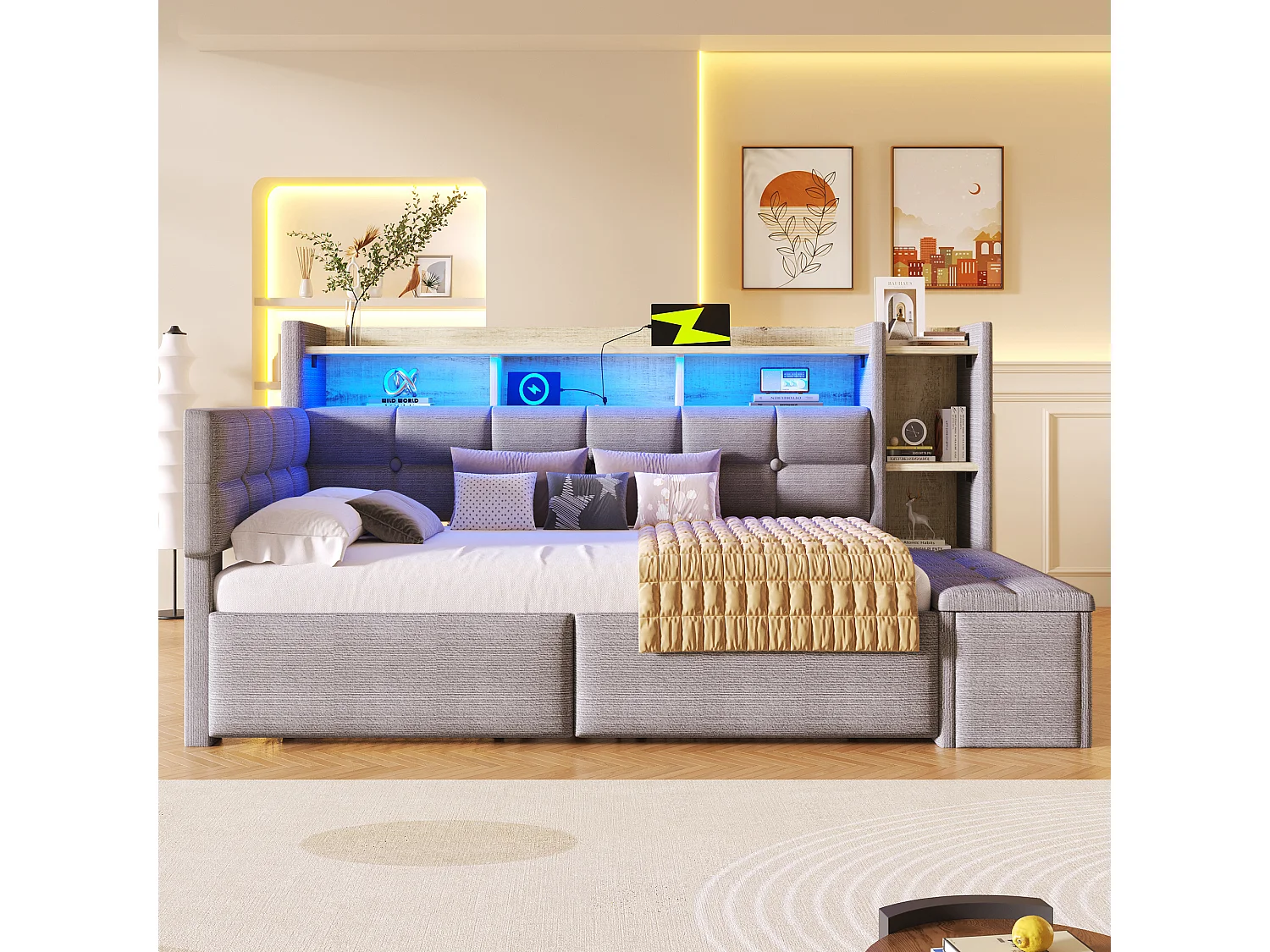 Canapé-lit 90 x 190 cm - avec 2 tiroirs + USB + étagère + banc de rangement + Leds - velours - gris