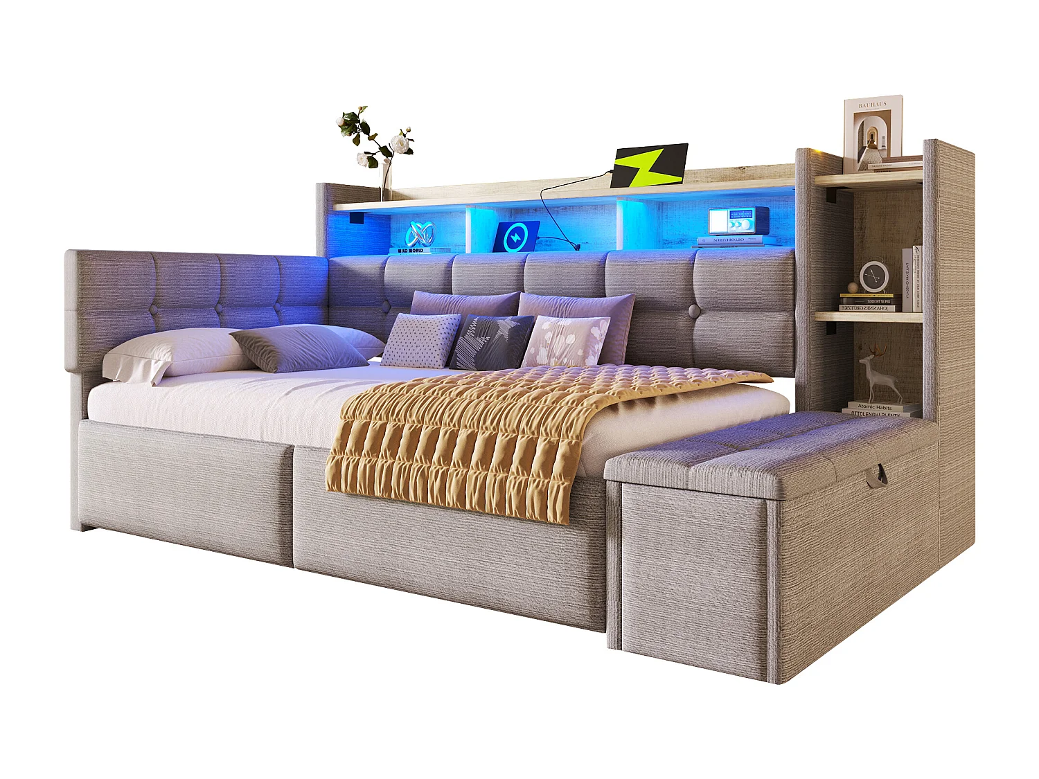 Canapé-lit 90 x 190 cm - avec 2 tiroirs + USB + étagère + banc de rangement + Leds - velours - gris