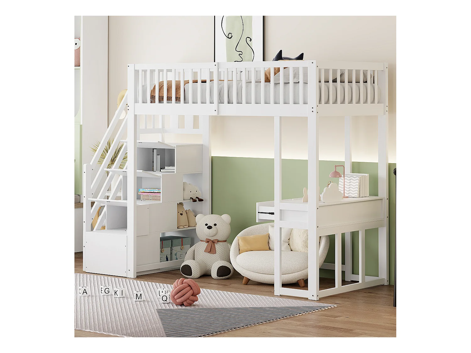 Lit mezzanine pour enfant - 90 x 200 cm - avec table + échelle de rangement + 2 tiroirs - bois - blanc