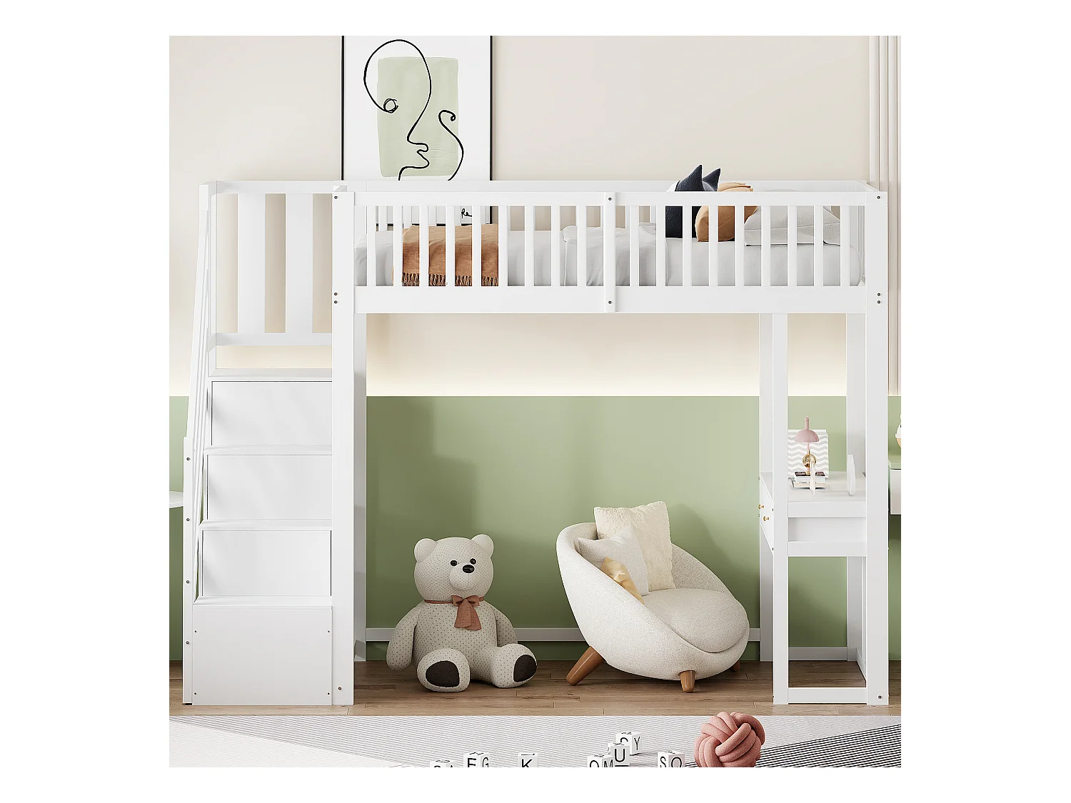 Lit mezzanine pour enfant - 90 x 200 cm - avec table + échelle de rangement + 2 tiroirs - bois - blanc