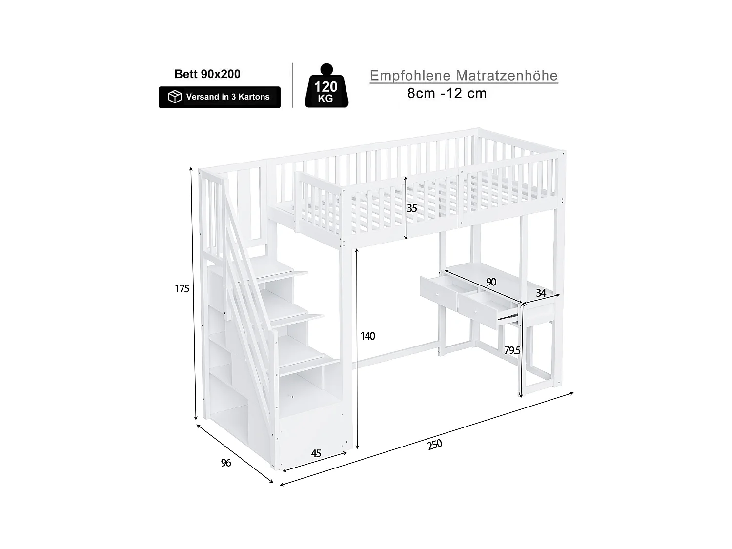 Lit mezzanine pour enfant - 90 x 200 cm - avec table + échelle de rangement + 2 tiroirs - bois - blanc