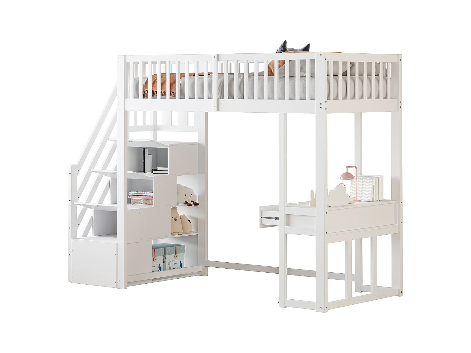 Lit mezzanine pour enfant - 90 x 200 cm - avec table + échelle de rangement + 2 tiroirs - bois - blanc