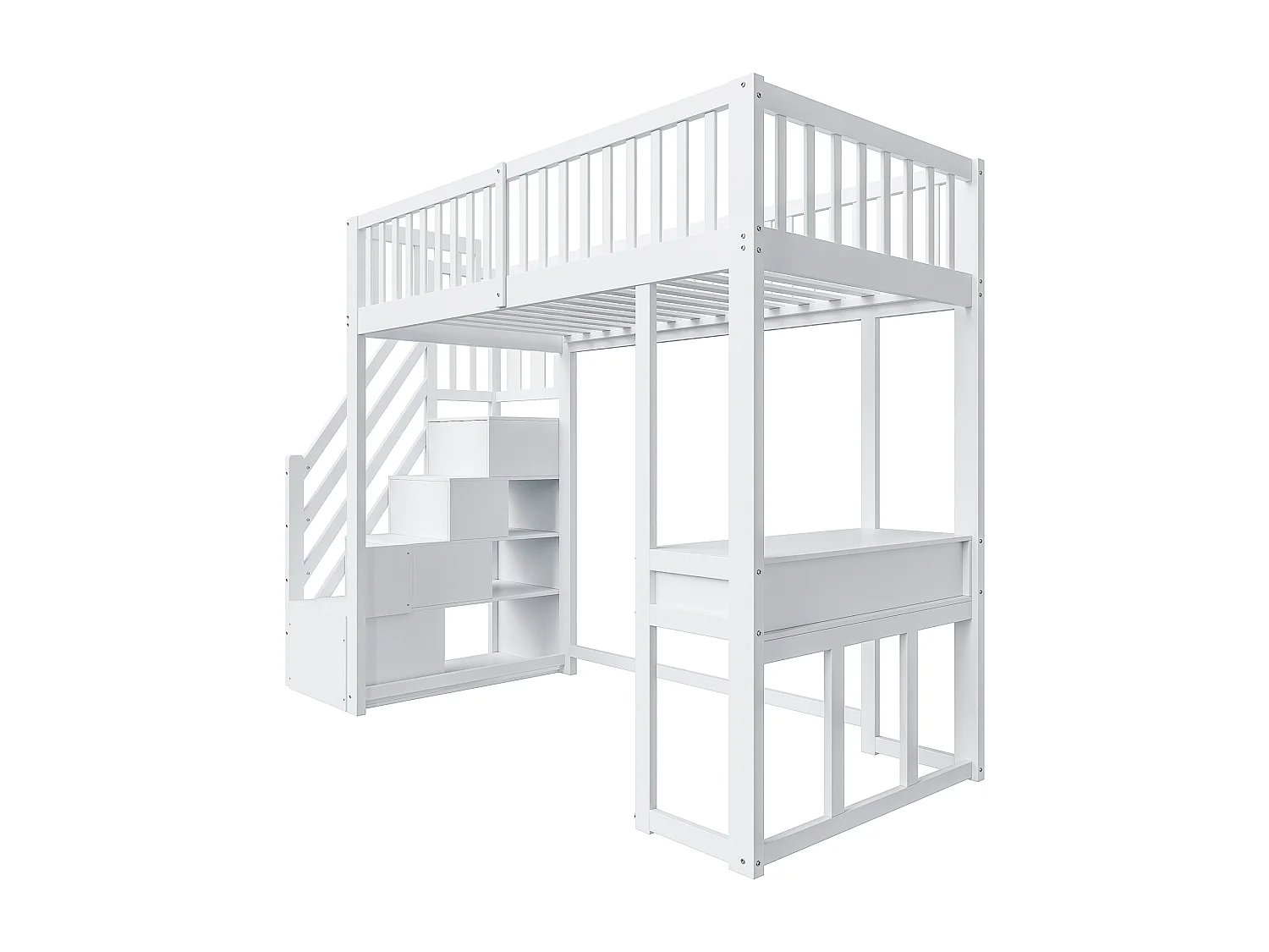 Lit mezzanine pour enfant - 90 x 200 cm - avec table + échelle de rangement + 2 tiroirs - bois - blanc
