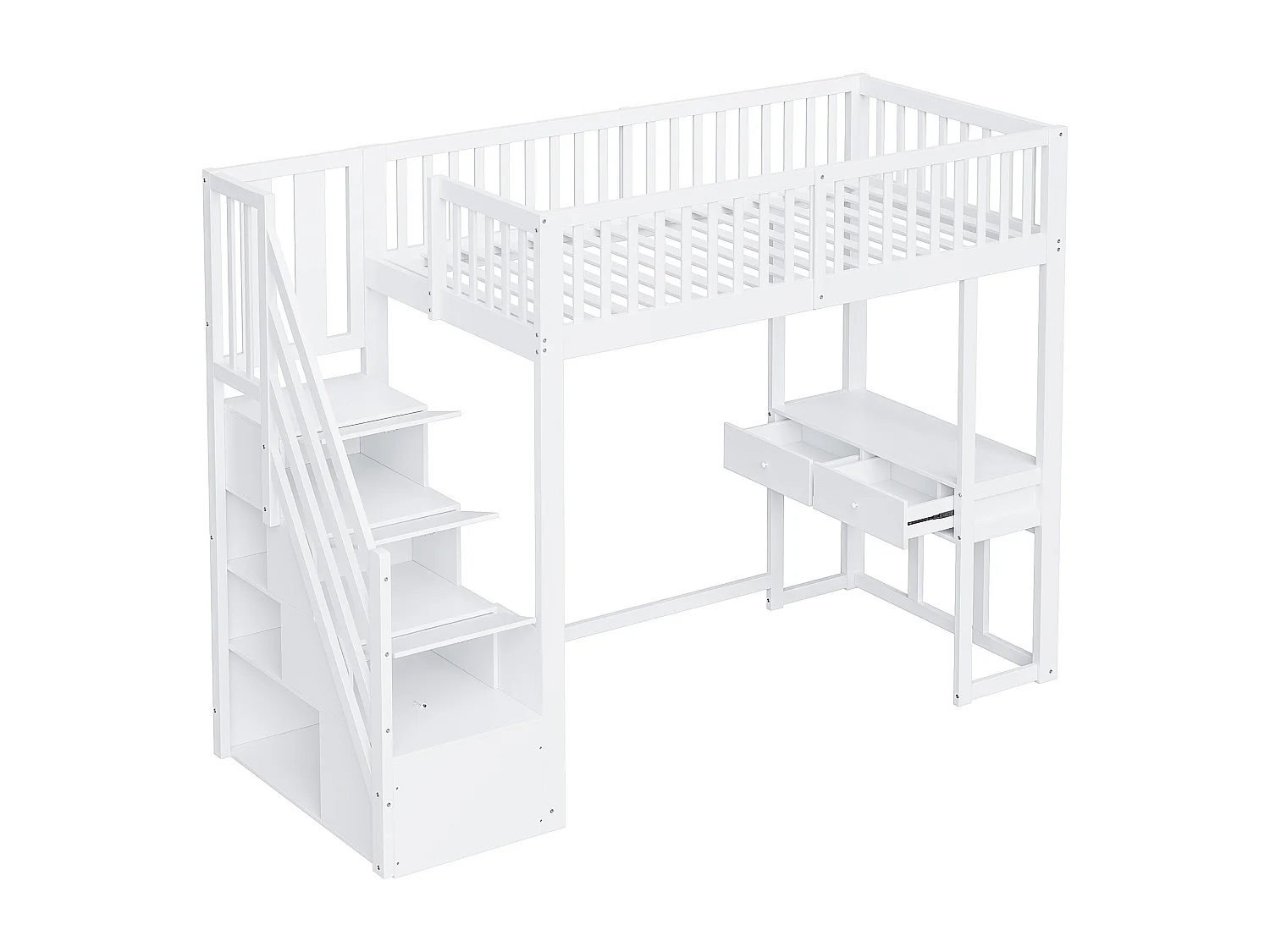 Lit mezzanine pour enfant - 90 x 200 cm - avec table + échelle de rangement + 2 tiroirs - bois - blanc