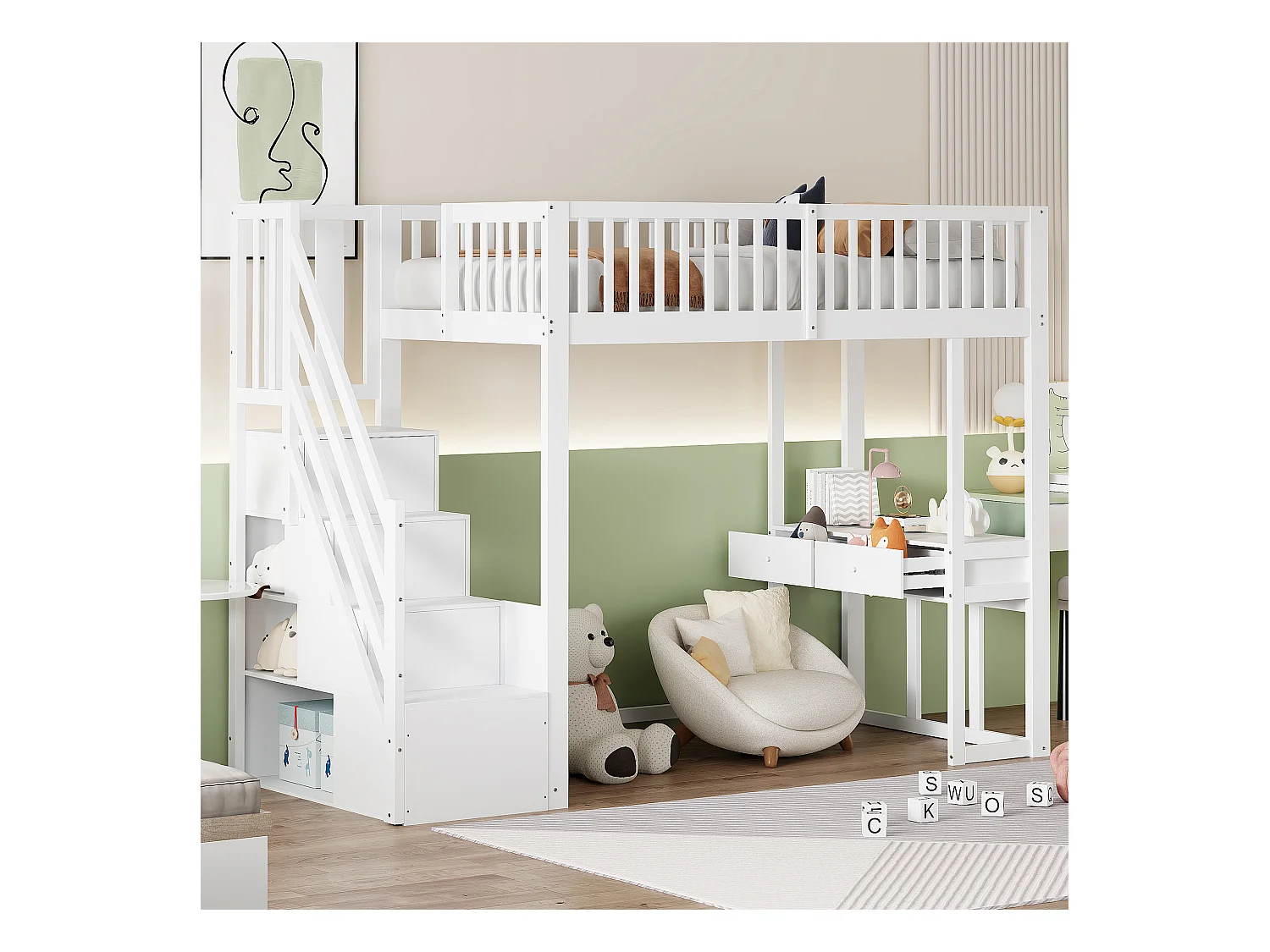 Lit mezzanine pour enfant - 90 x 200 cm - avec table + échelle de rangement + 2 tiroirs - bois - blanc