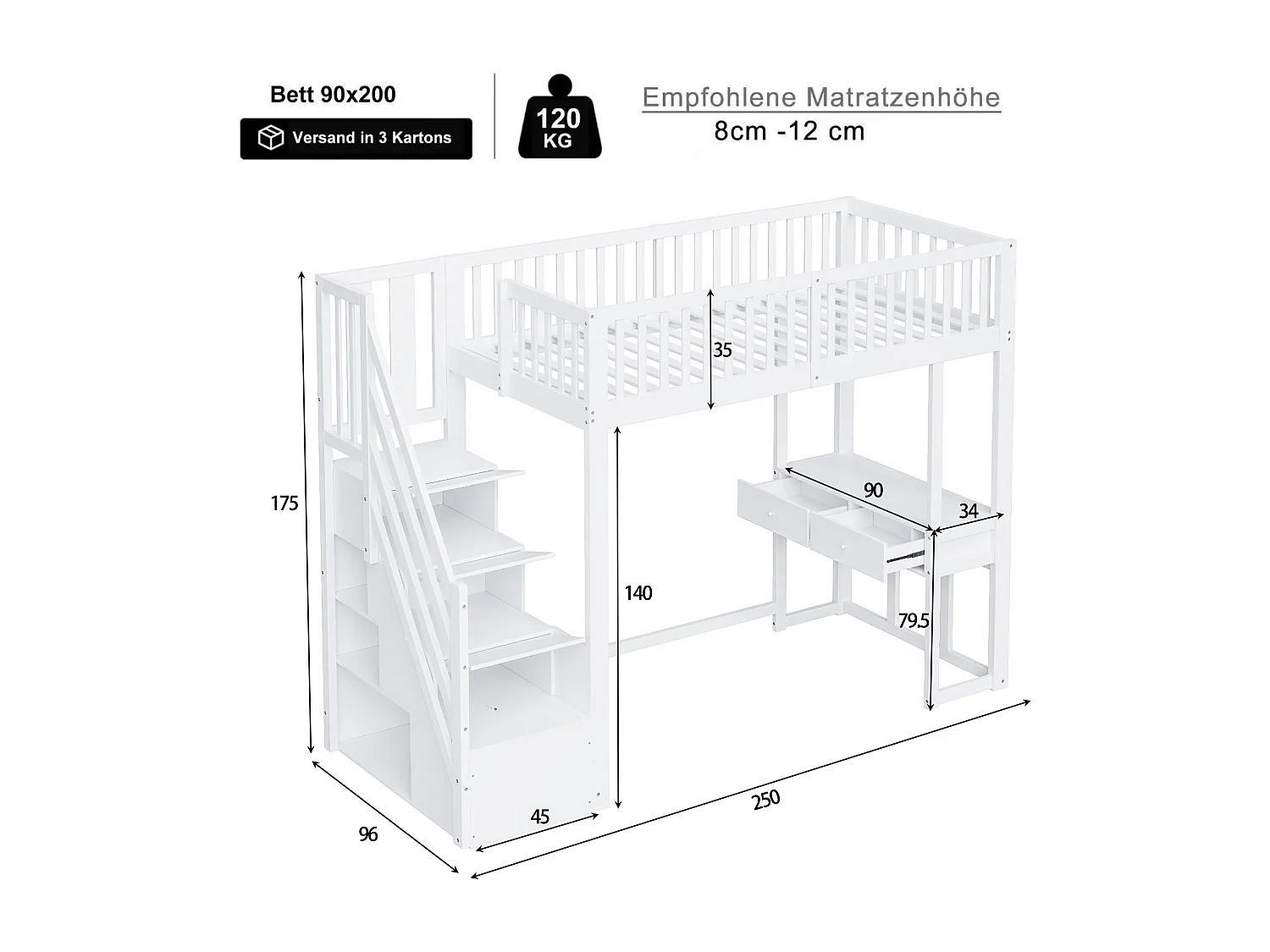 Lit mezzanine pour enfant - 90 x 200 cm - avec table + échelle de rangement + 2 tiroirs - bois - blanc