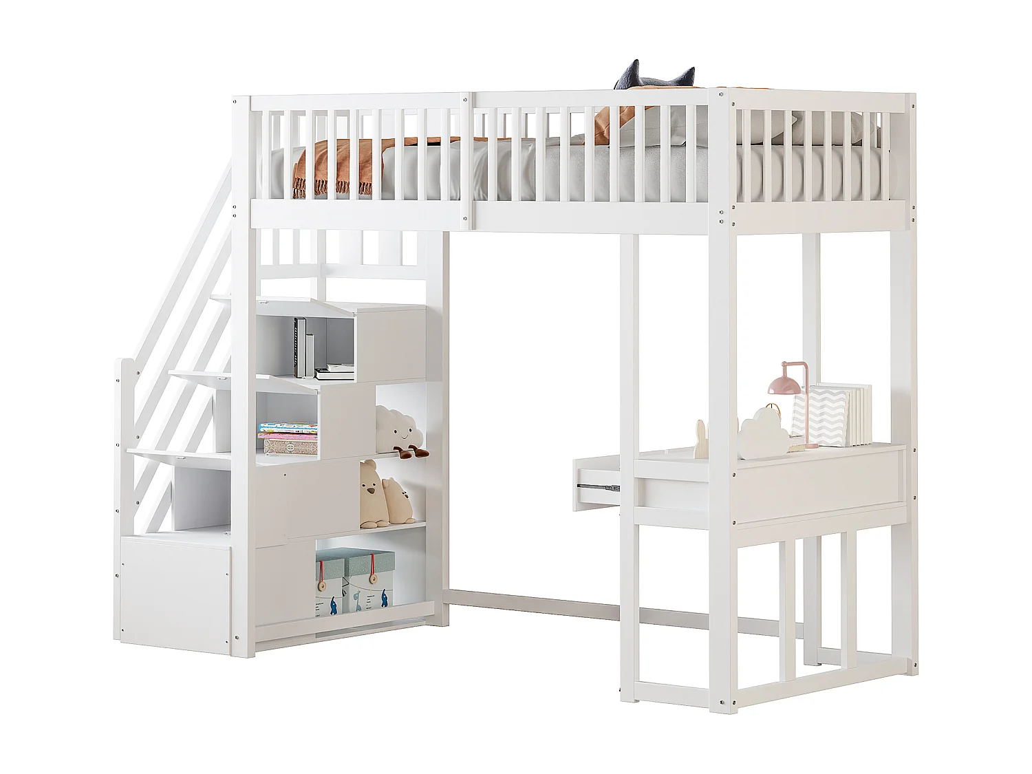 Lit mezzanine pour enfant - 90 x 200 cm - avec table + échelle de rangement + 2 tiroirs - bois - blanc