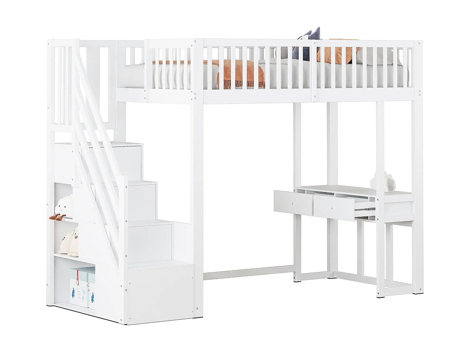 Lit mezzanine pour enfant - 90 x 200 cm - avec table + échelle de rangement + 2 tiroirs - bois - blanc