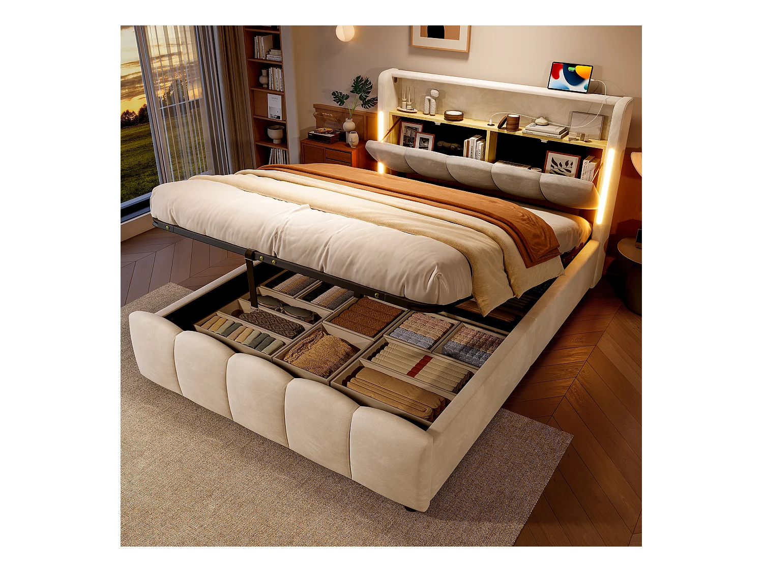 Lit coffre hydraulique rembourré - 140 x 200 cm - avec Leds + tête de lit avec rangements + avec USB /Type-C - velours - beige