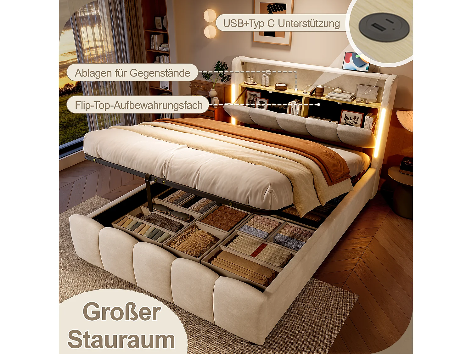 Lit coffre hydraulique rembourré - 140 x 200 cm - avec Leds + tête de lit avec rangements + avec USB /Type-C - velours - beige