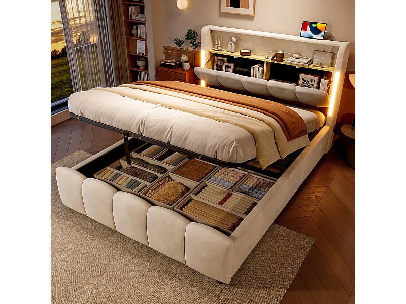 Lit coffre hydraulique rembourré - 140 x 200 cm - avec Leds + tête de lit avec rangements + avec USB /Type-C - velours - beige