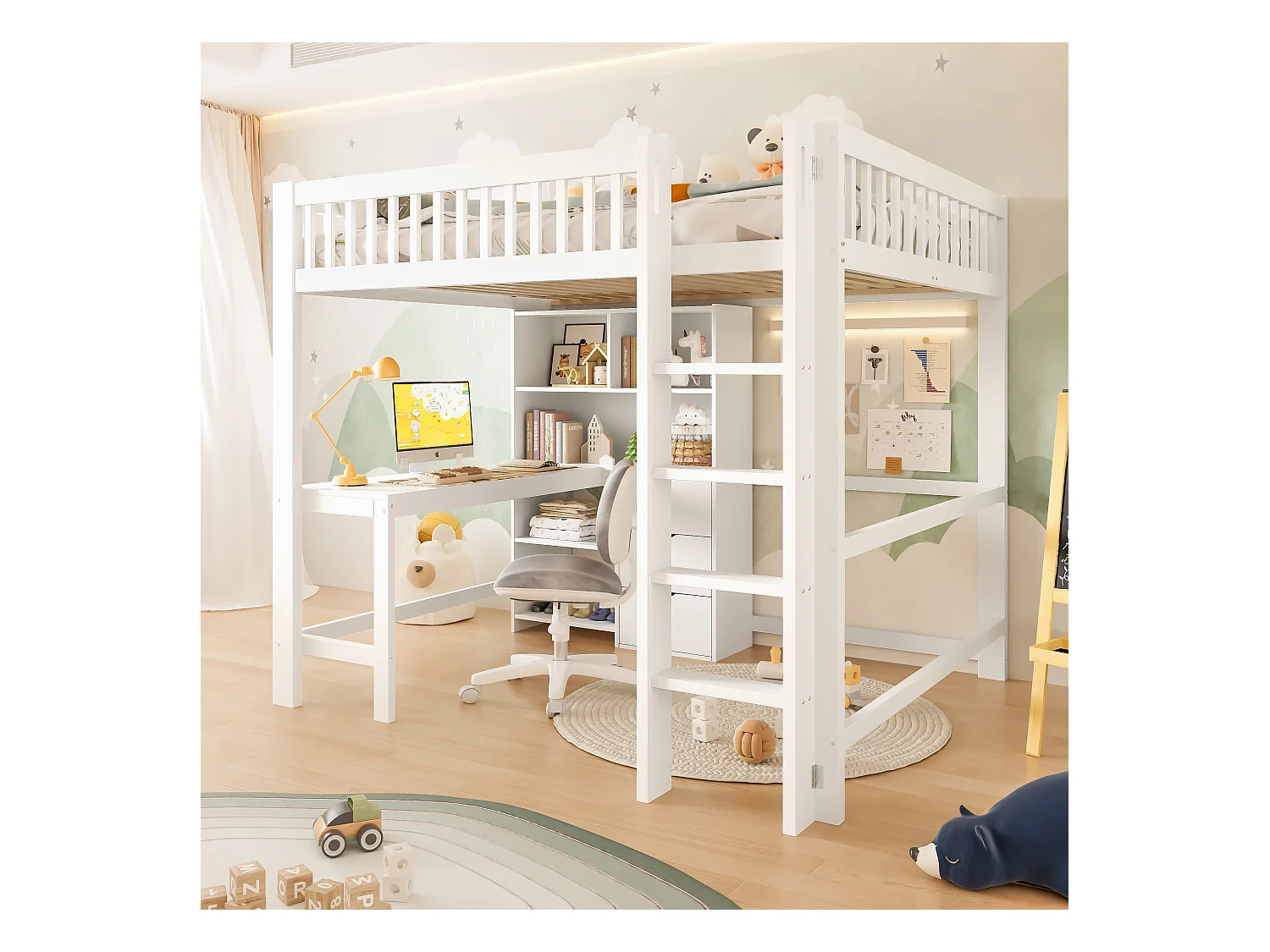 Lit mezzanine pour enfant - 140 x 200 cm - avec étagère de rangements + bureau + 3 tiroirs - bois - blanc