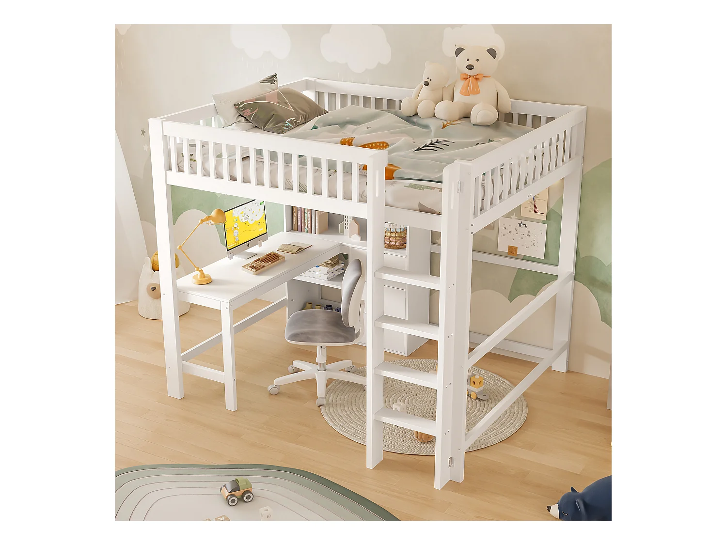 Lit mezzanine pour enfant - 140 x 200 cm - avec étagère de rangements + bureau + 3 tiroirs - bois - blanc