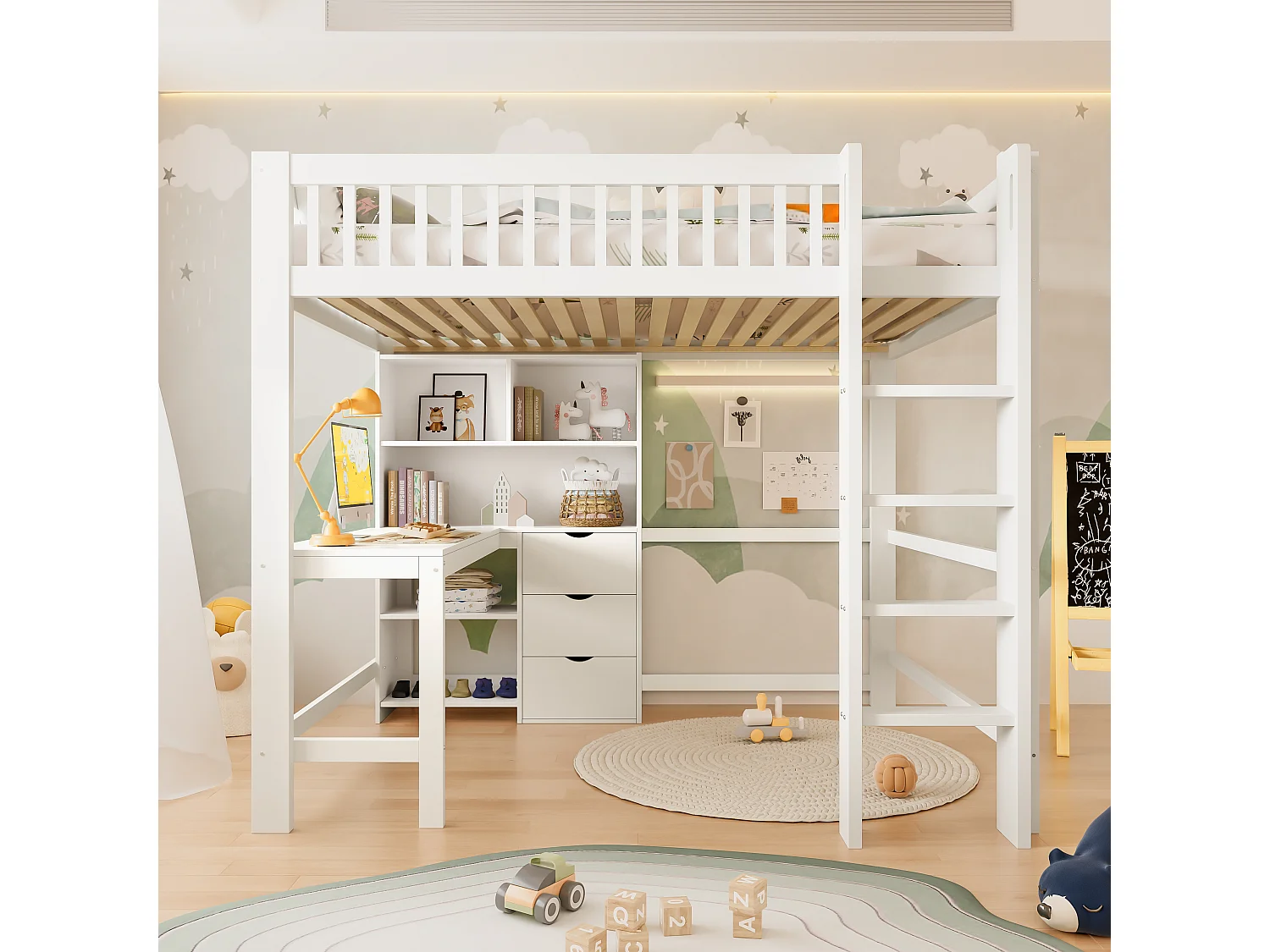 Lit mezzanine pour enfant - 140 x 200 cm - avec étagère de rangements + bureau + 3 tiroirs - bois - blanc