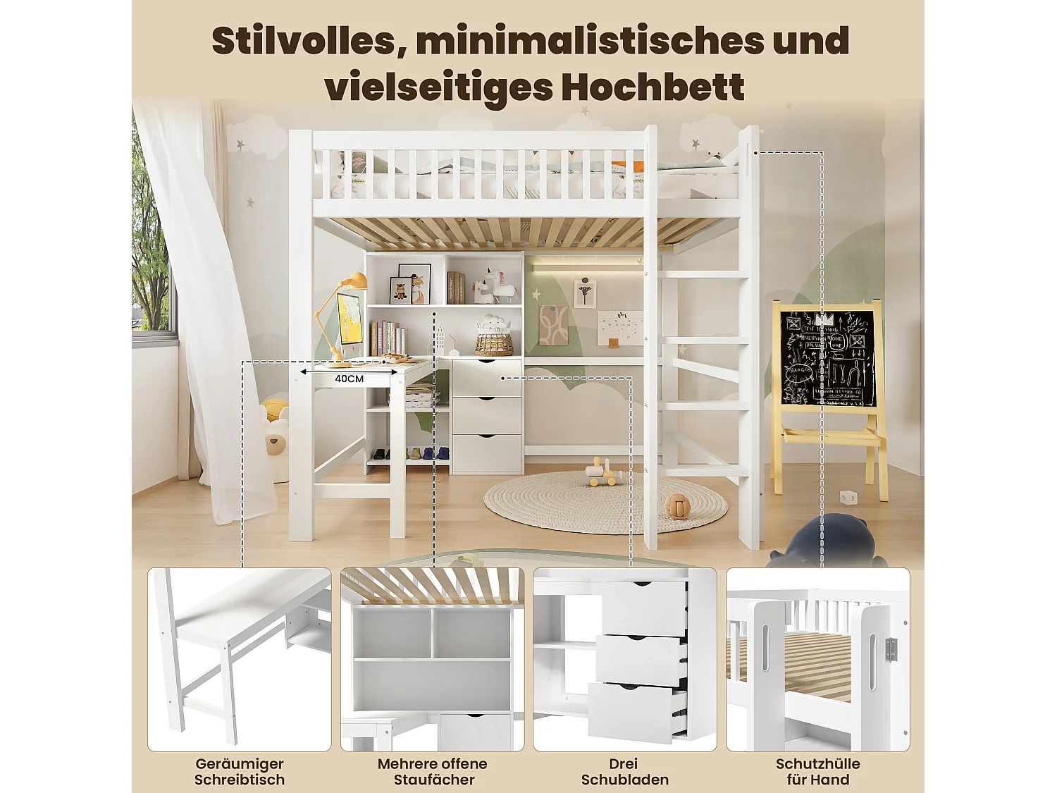 Lit mezzanine pour enfant - 140 x 200 cm - avec étagère de rangements + bureau + 3 tiroirs - bois - blanc