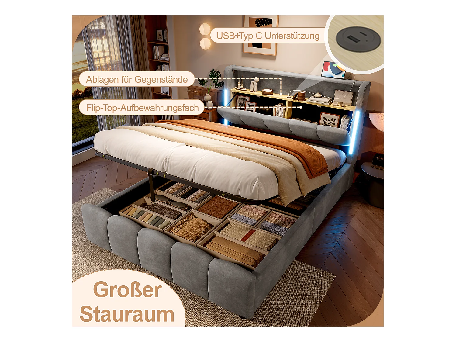 Lit coffre hydraulique rembourré - 140 x 200 cm - avec Leds + tête de lit avec rangements + avec USB /Type-C - velours - gris