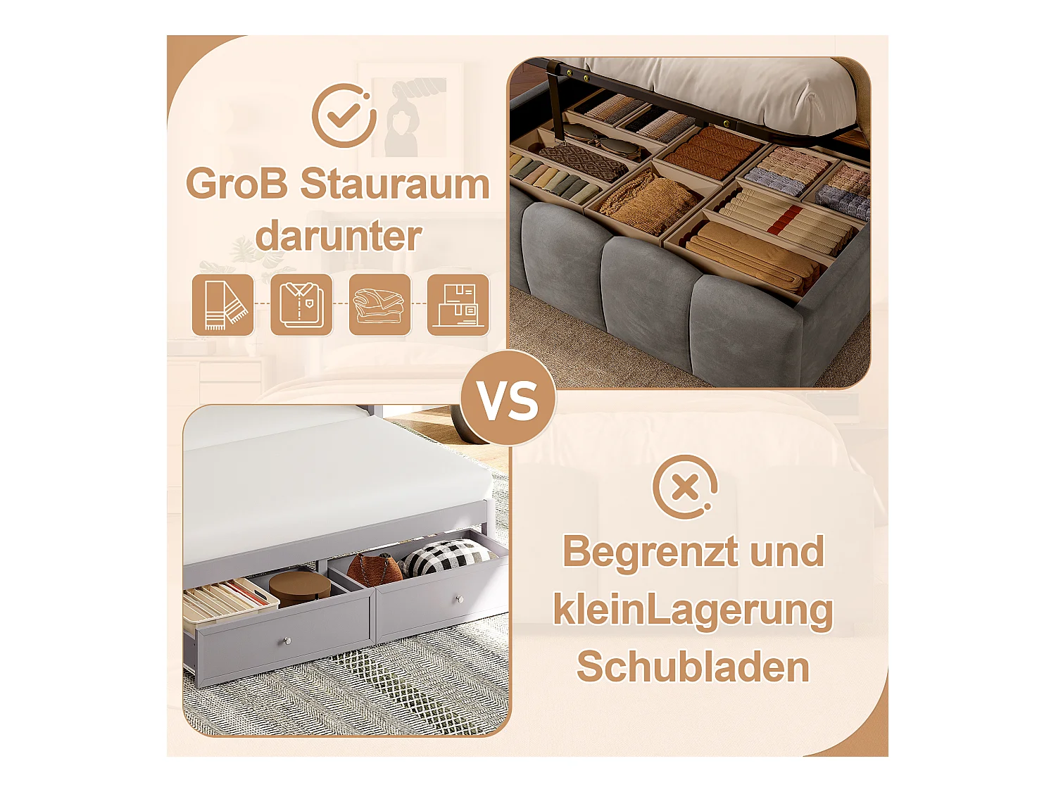 Lit coffre hydraulique rembourré - 140 x 200 cm - avec Leds + tête de lit avec rangements + avec USB /Type-C - velours - gris