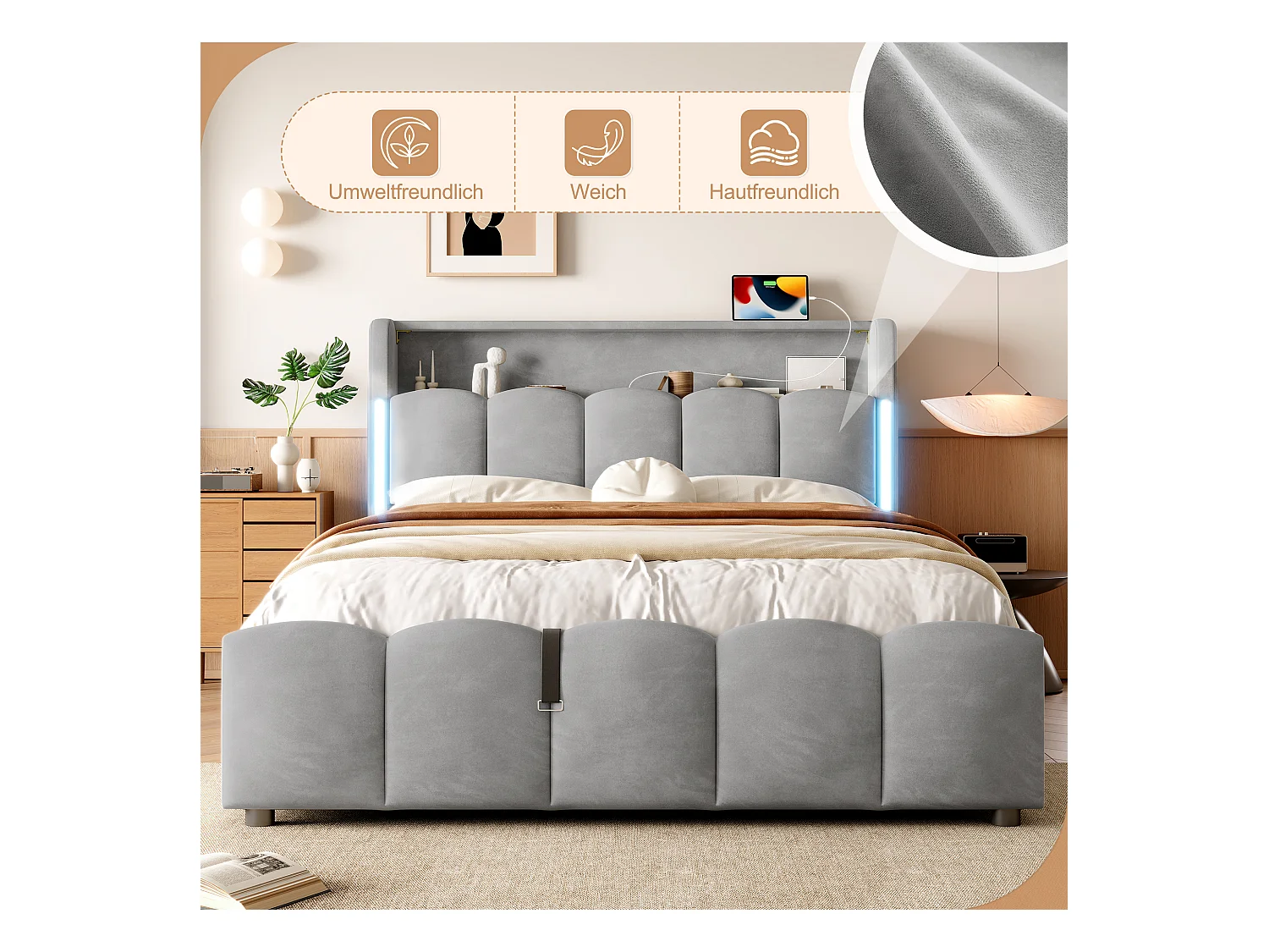 Lit coffre hydraulique rembourré - 140 x 200 cm - avec Leds + tête de lit avec rangements + avec USB /Type-C - velours - gris