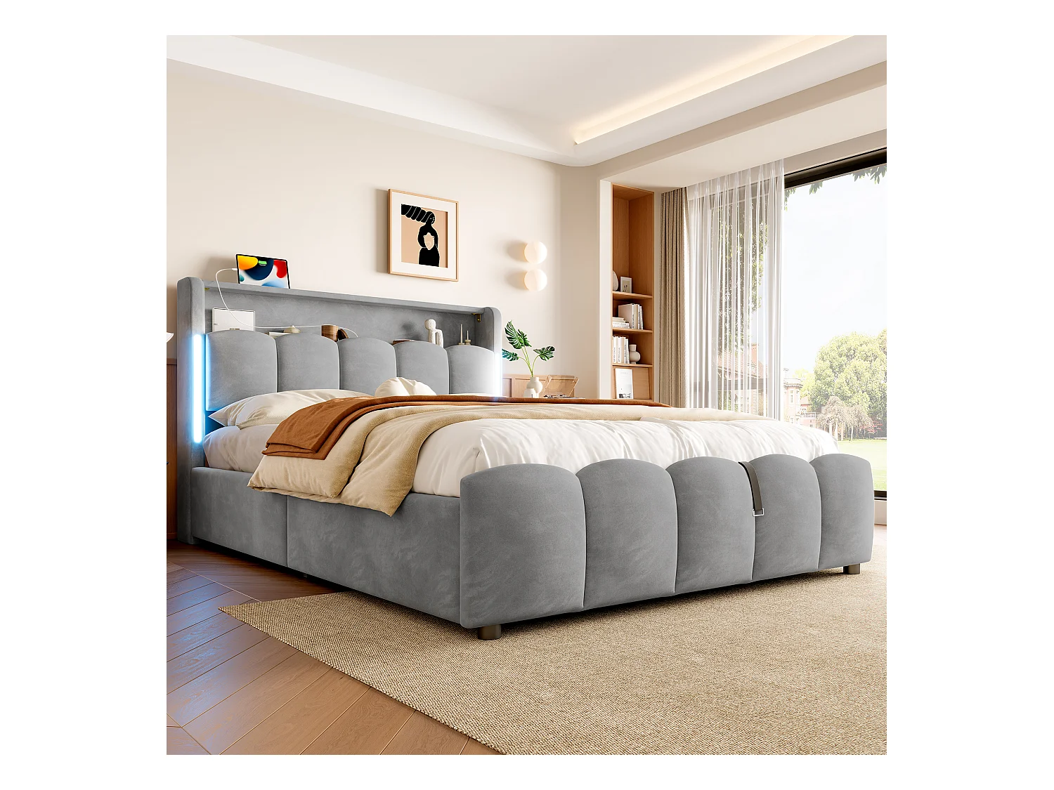 Lit coffre hydraulique rembourré - 140 x 200 cm - avec Leds + tête de lit avec rangements + avec USB /Type-C - velours - gris