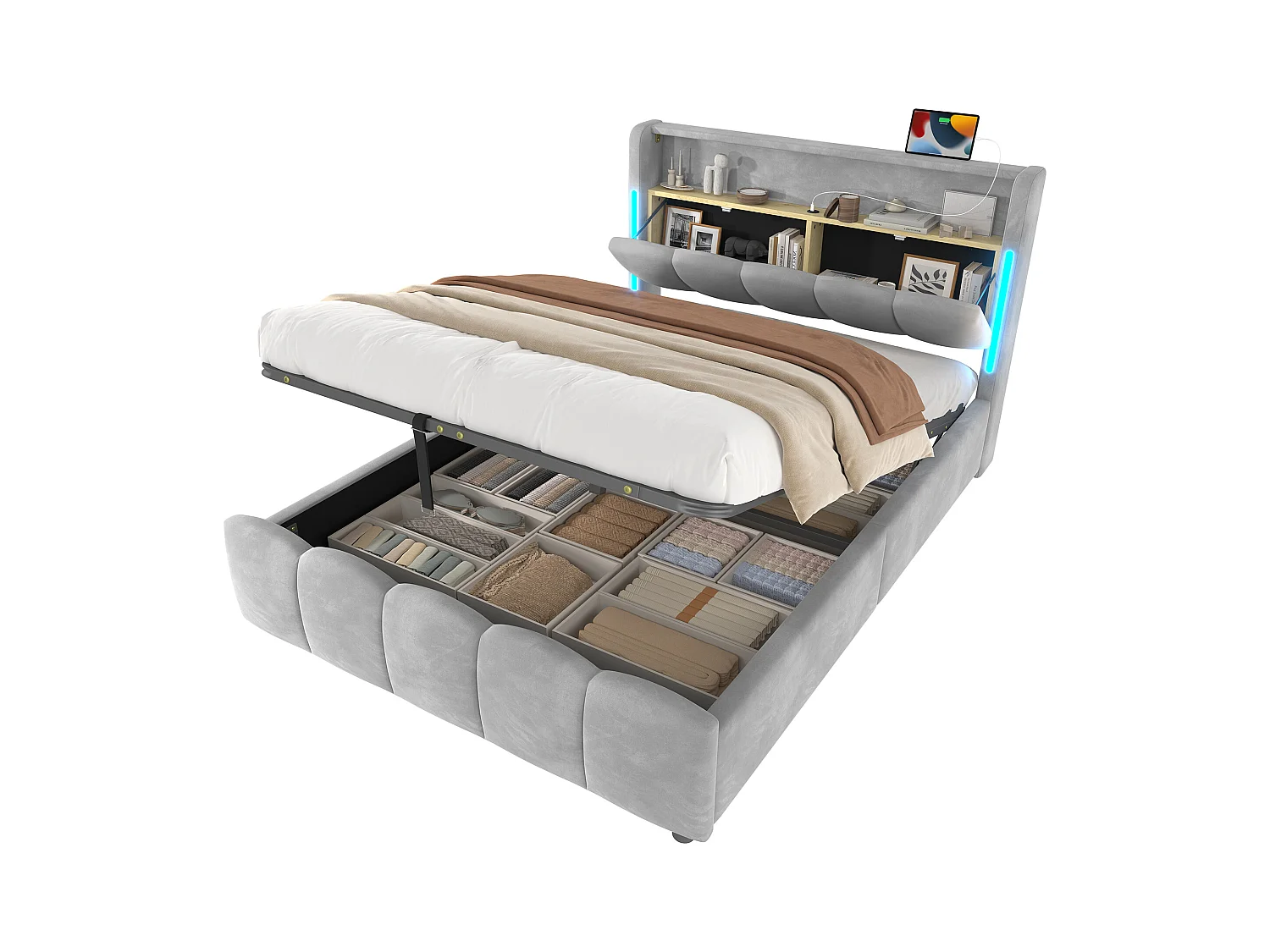 Lit coffre hydraulique rembourré - 140 x 200 cm - avec Leds + tête de lit avec rangements + avec USB /Type-C - velours - gris