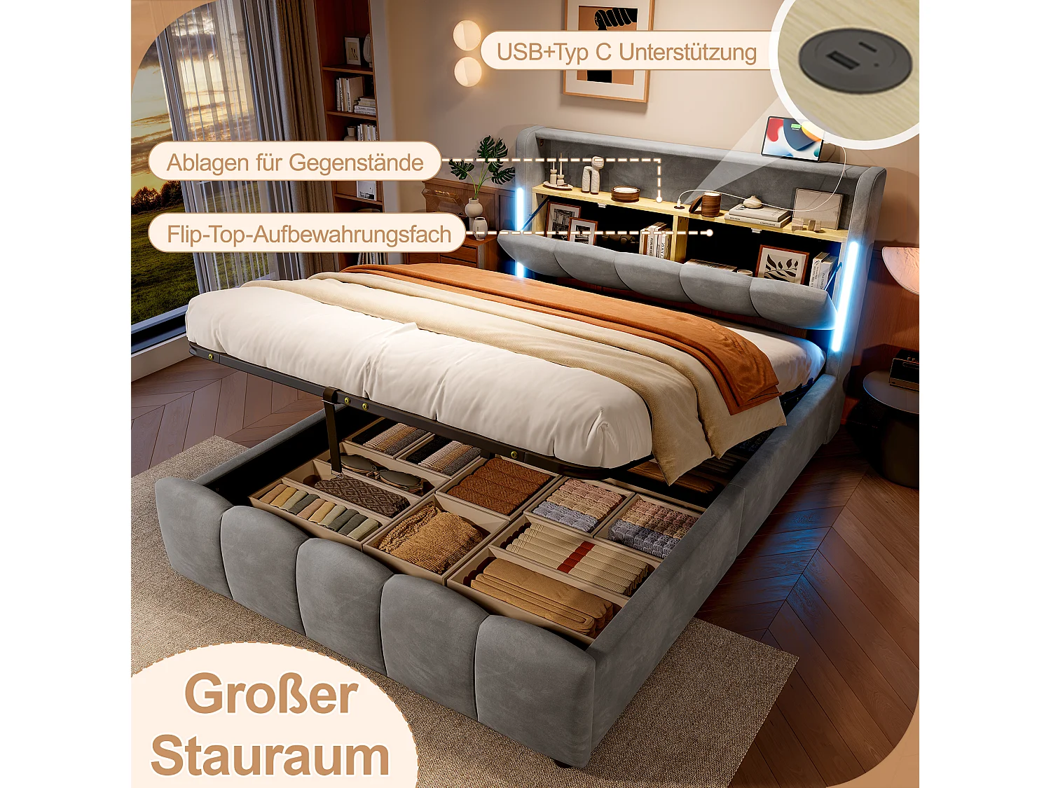 Lit coffre hydraulique rembourré - 140 x 200 cm - avec Leds + tête de lit avec rangements + avec USB /Type-C - velours - gris