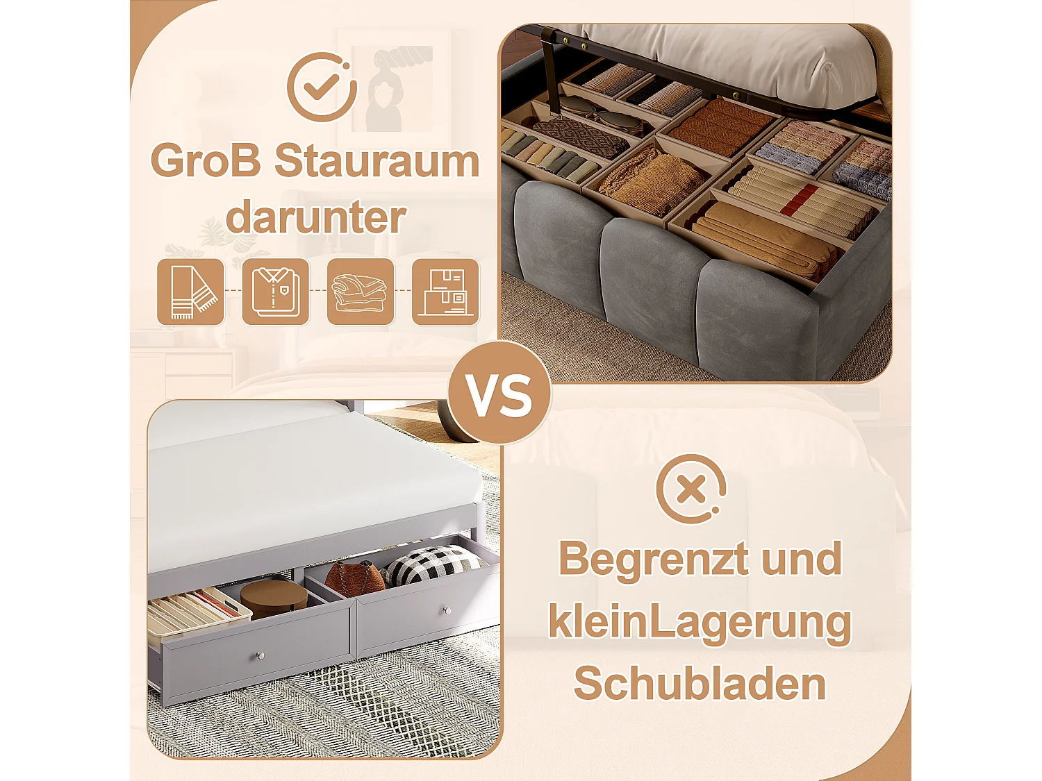 Lit coffre hydraulique rembourré - 140 x 200 cm - avec Leds + tête de lit avec rangements + avec USB /Type-C - velours - gris