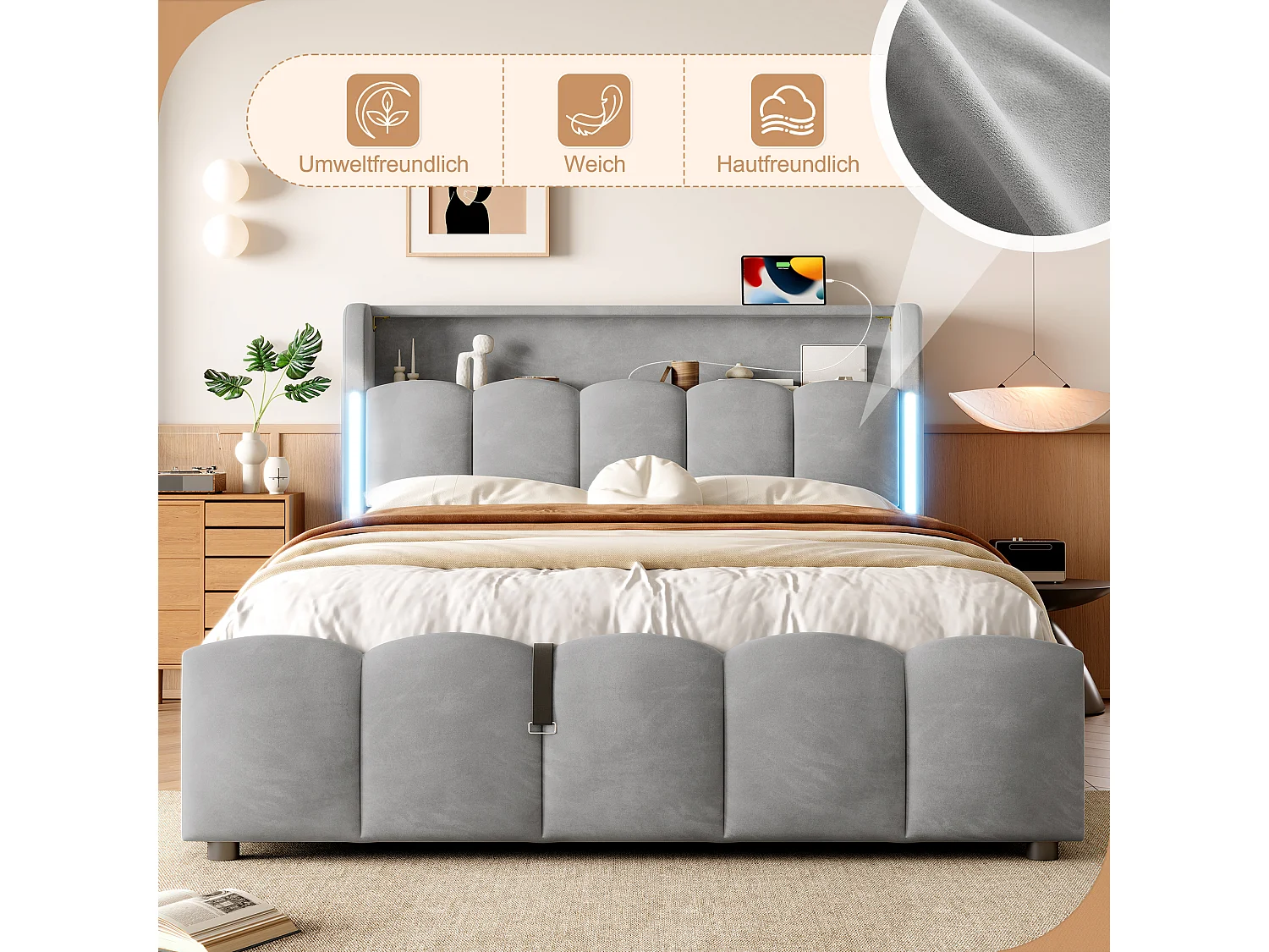 Lit coffre hydraulique rembourré - 140 x 200 cm - avec Leds + tête de lit avec rangements + avec USB /Type-C - velours - gris