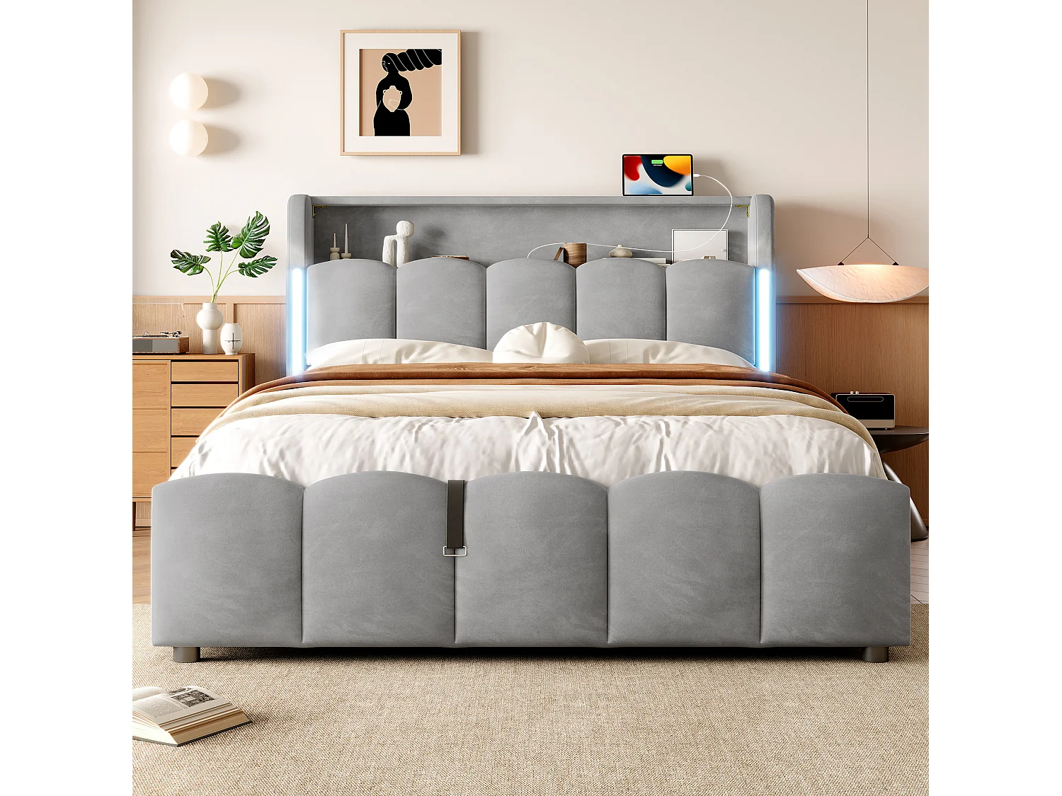 Lit coffre hydraulique rembourré - 140 x 200 cm - avec Leds + tête de lit avec rangements + avec USB /Type-C - velours - gris