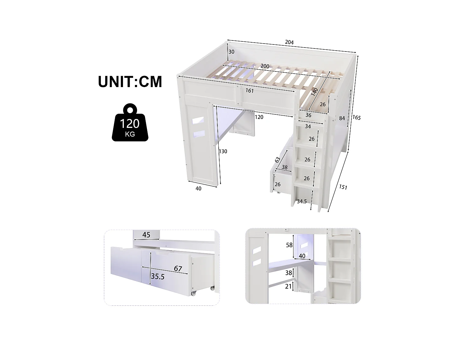 Lit mezzanine pour enfant - 140 x 200 cm - avec bureau + Leds + port USB + 2 tiroirs - bois - blanc