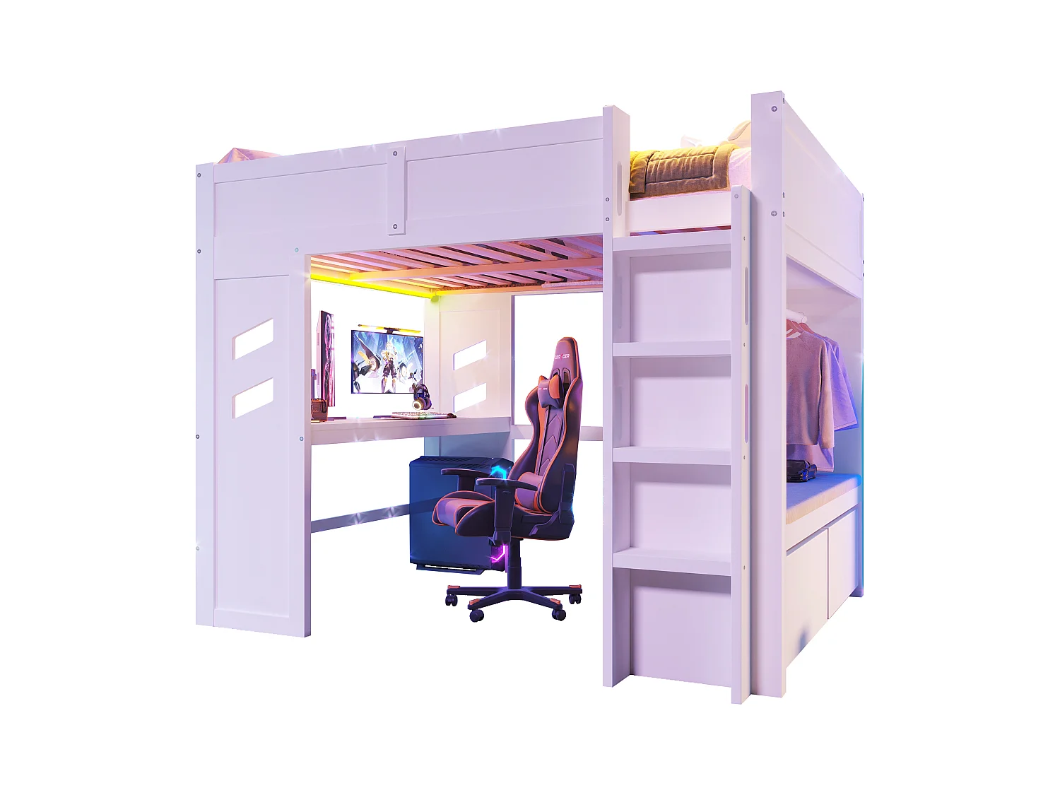 Lit mezzanine pour enfant - 140 x 200 cm - avec bureau + Leds + port USB + 2 tiroirs - bois - blanc