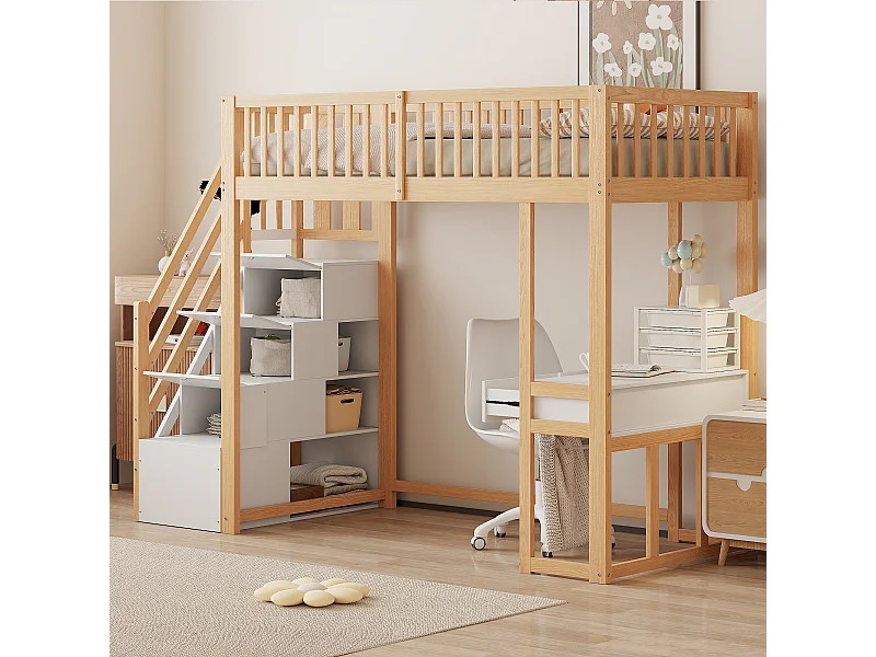 Lit mezzanine pour enfant - 90 x 200 cm - avec table + échelle de rangement + 2 tiroirs - bois - naturel