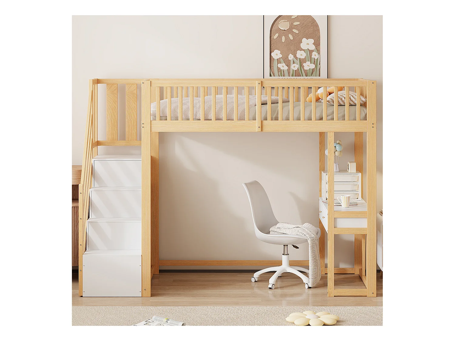 Lit mezzanine pour enfant - 90 x 200 cm - avec table + échelle de rangement + 2 tiroirs - bois - naturel