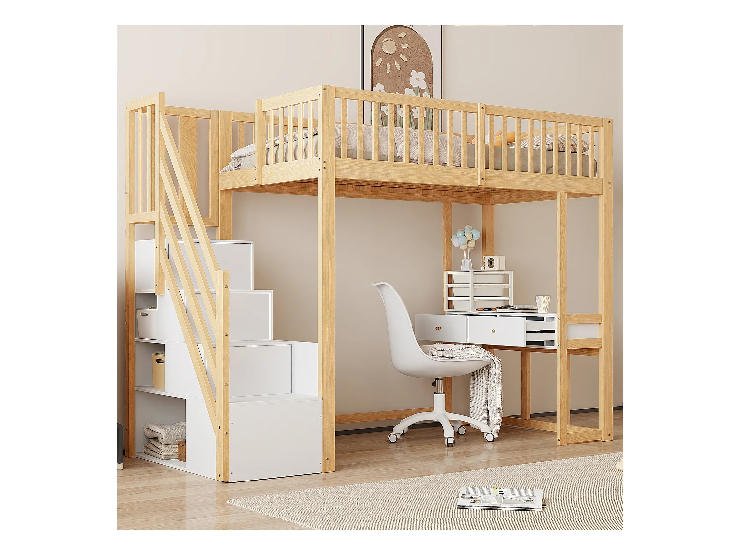 Lit mezzanine pour enfant - 90 x 200 cm - avec table + échelle de rangement + 2 tiroirs - bois - naturel