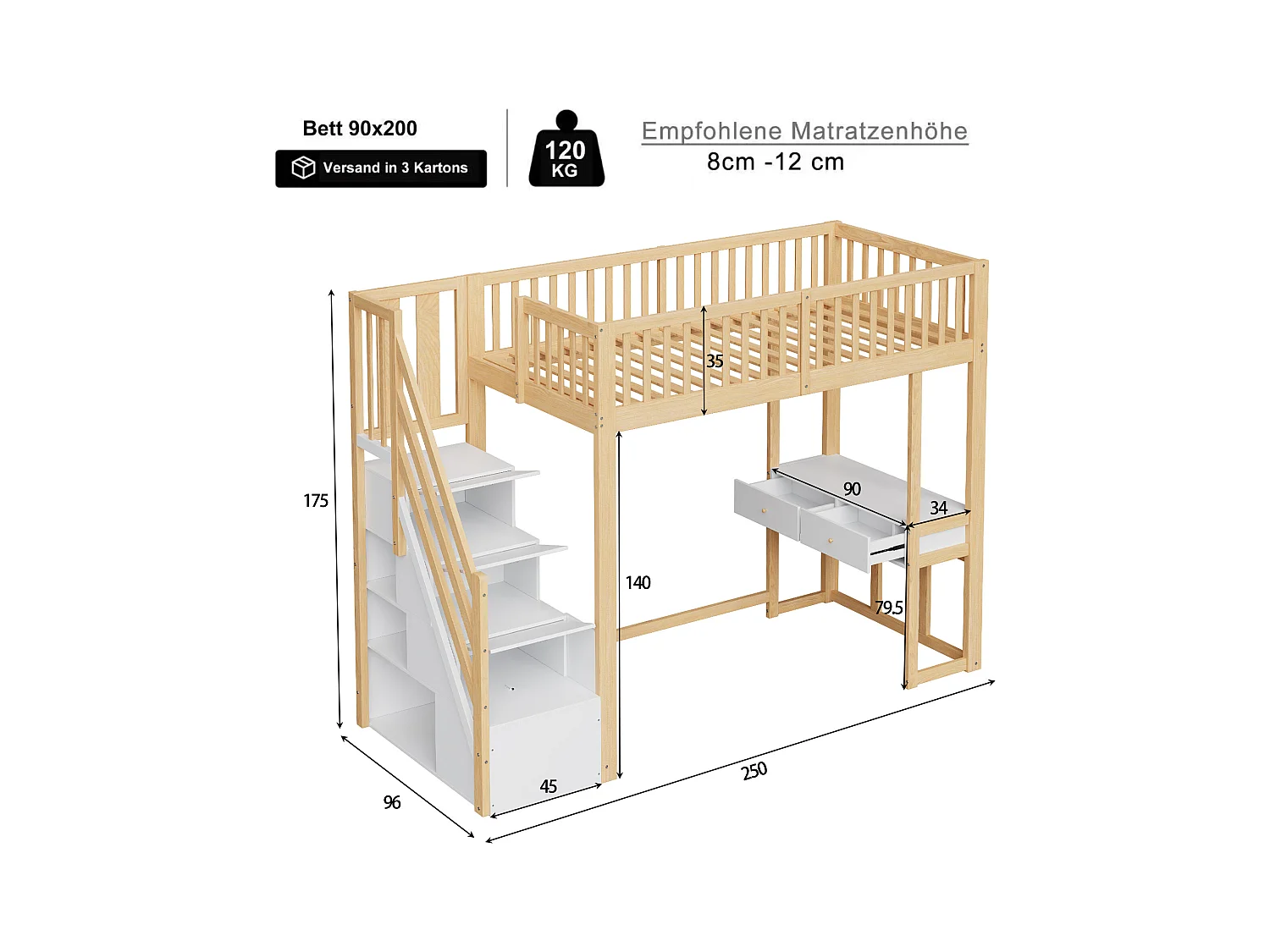 Lit mezzanine pour enfant - 90 x 200 cm - avec table + échelle de rangement + 2 tiroirs - bois - naturel