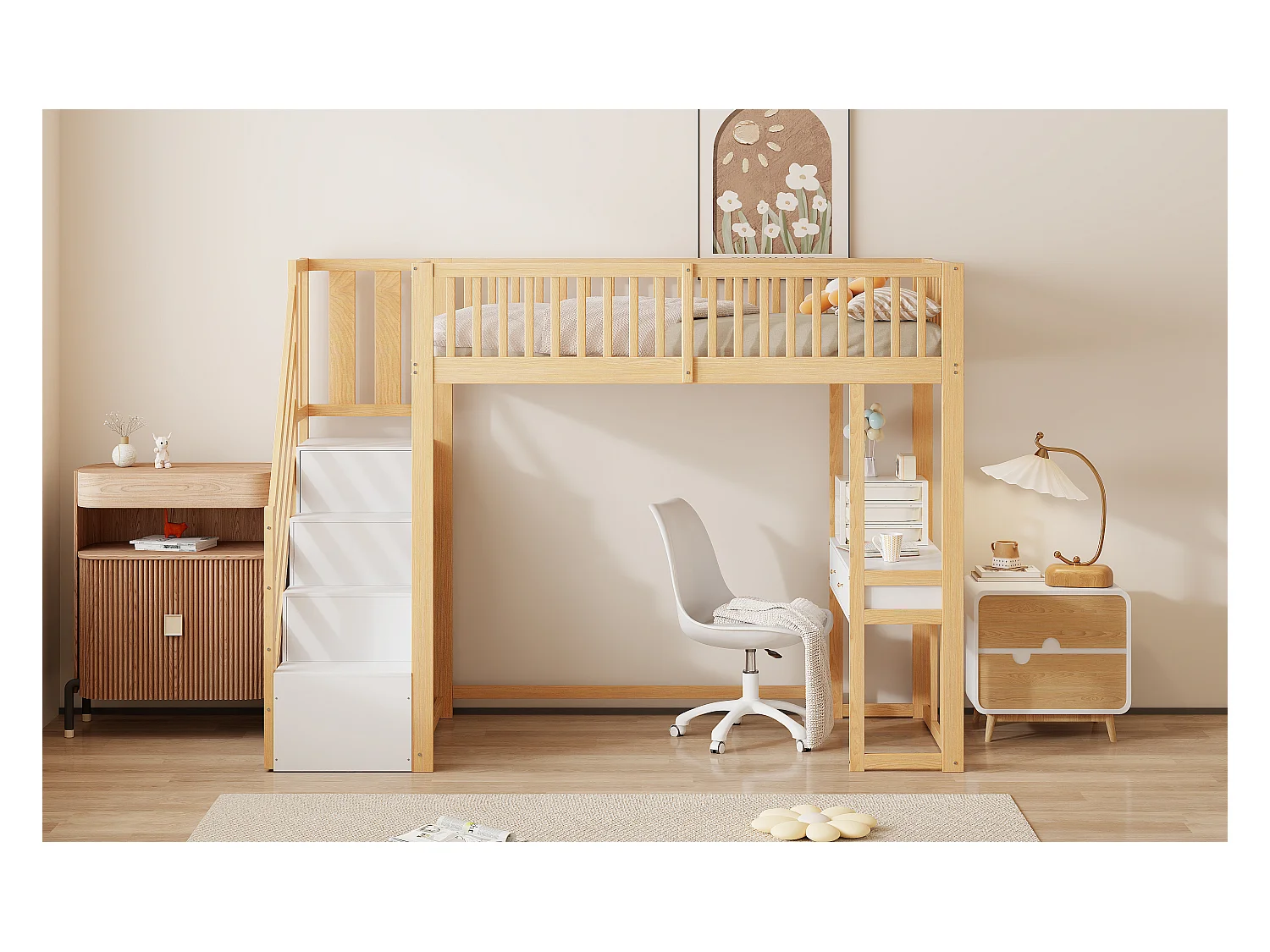 Lit mezzanine pour enfant - 90 x 200 cm - avec table + échelle de rangement + 2 tiroirs - bois - naturel