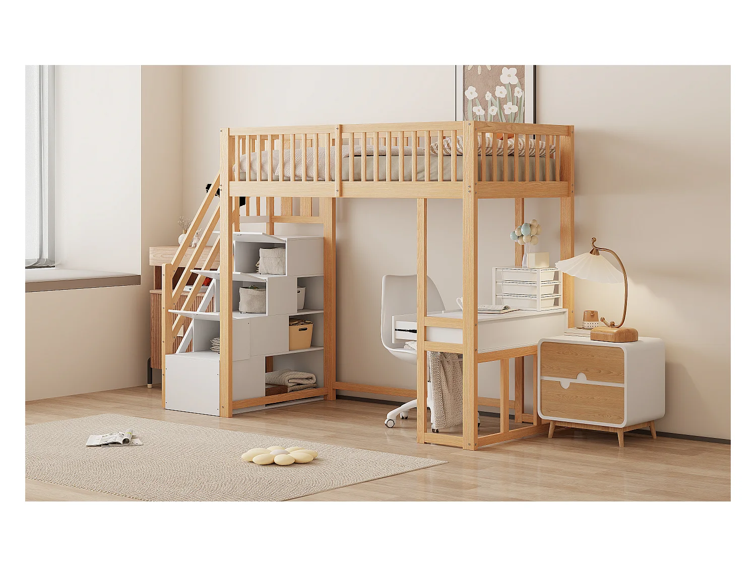 Lit mezzanine pour enfant - 90 x 200 cm - avec table + échelle de rangement + 2 tiroirs - bois - naturel