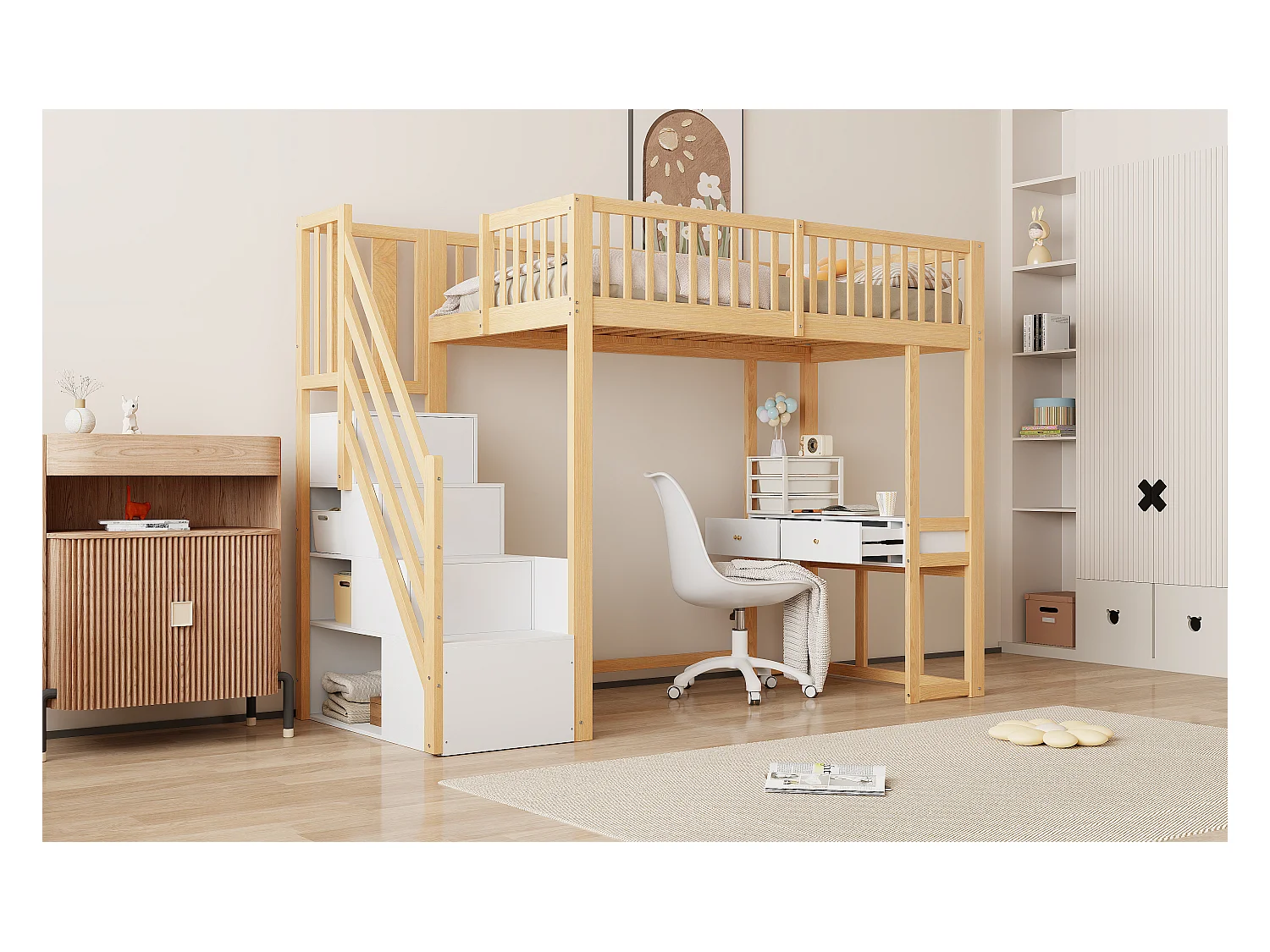 Lit mezzanine pour enfant - 90 x 200 cm - avec table + échelle de rangement + 2 tiroirs - bois - naturel