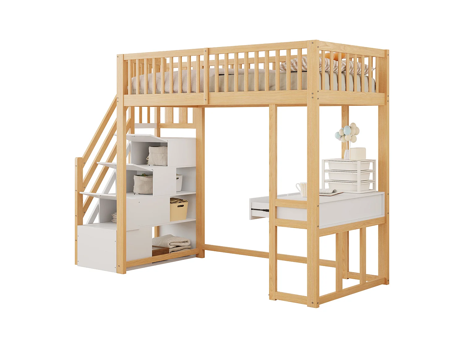 Lit mezzanine pour enfant - 90 x 200 cm - avec table + échelle de rangement + 2 tiroirs - bois - naturel