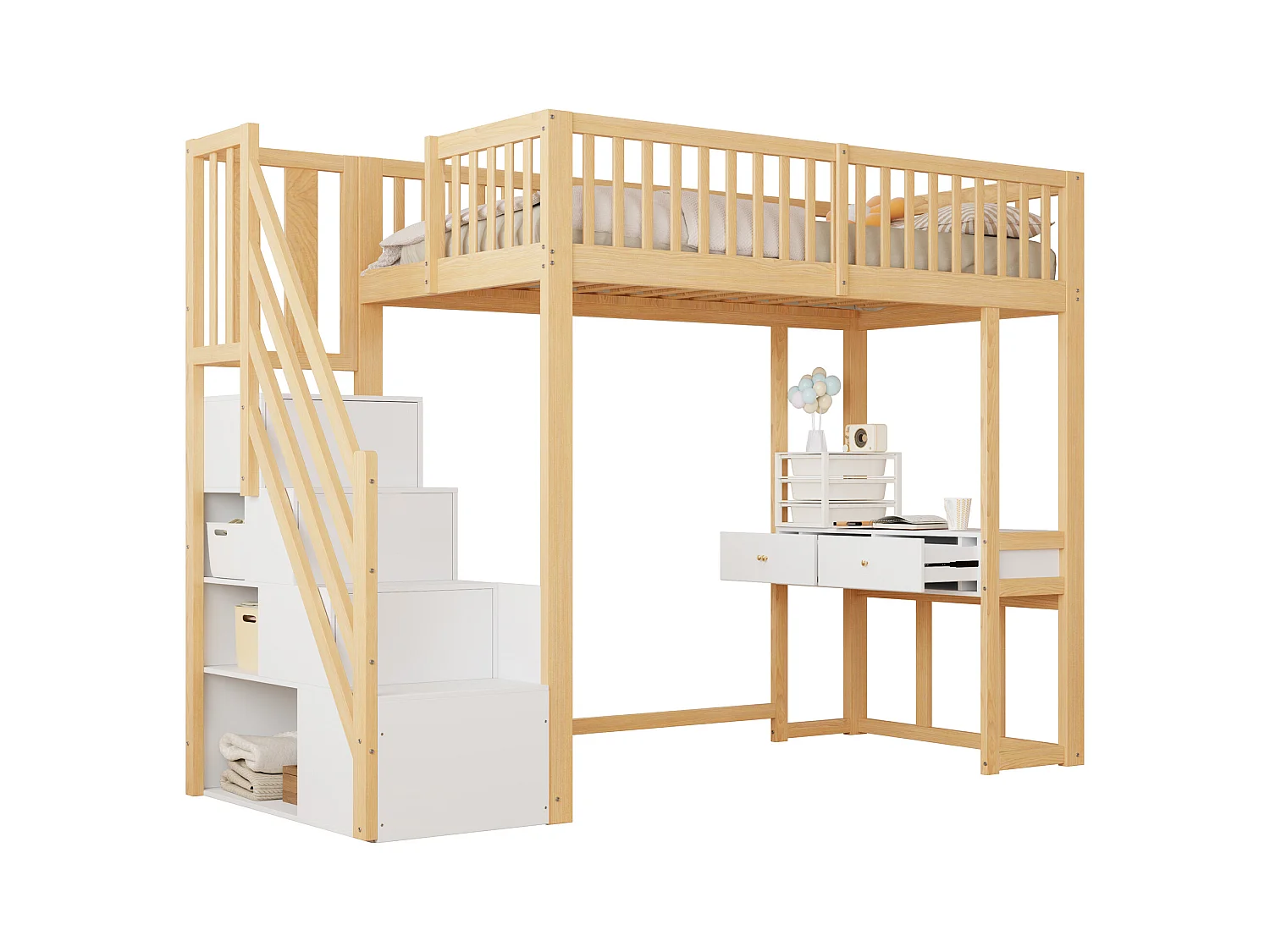 Lit mezzanine pour enfant - 90 x 200 cm - avec table + échelle de rangement + 2 tiroirs - bois - naturel