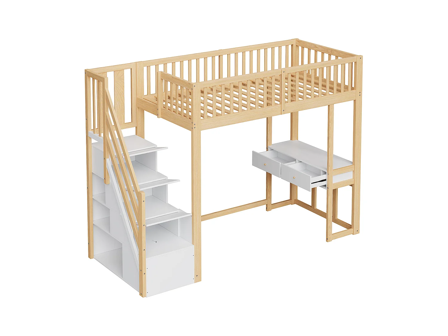 Lit mezzanine pour enfant - 90 x 200 cm - avec table + échelle de rangement + 2 tiroirs - bois - naturel