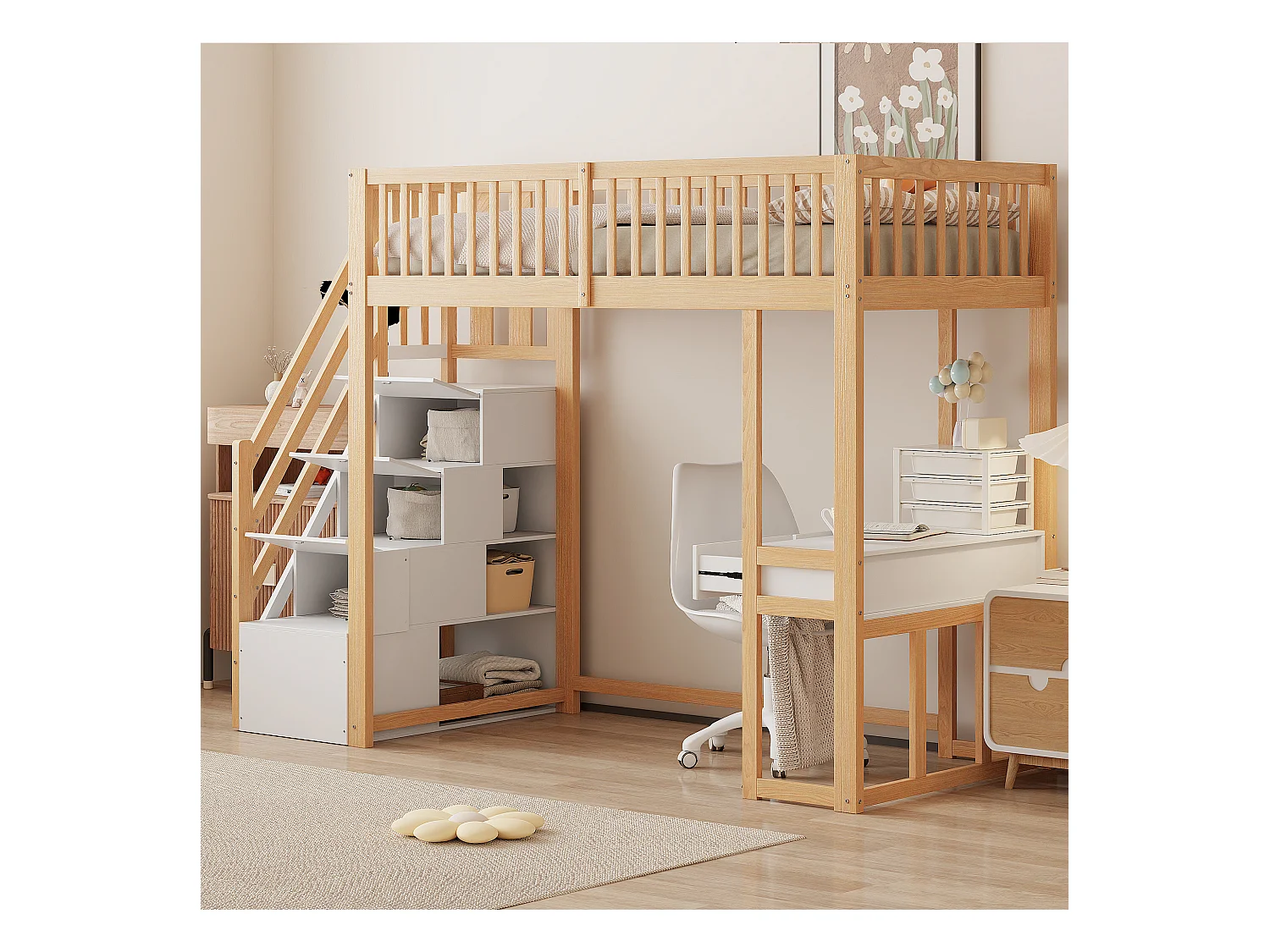 Lit mezzanine pour enfant - 90 x 200 cm - avec table + échelle de rangement + 2 tiroirs - bois - naturel