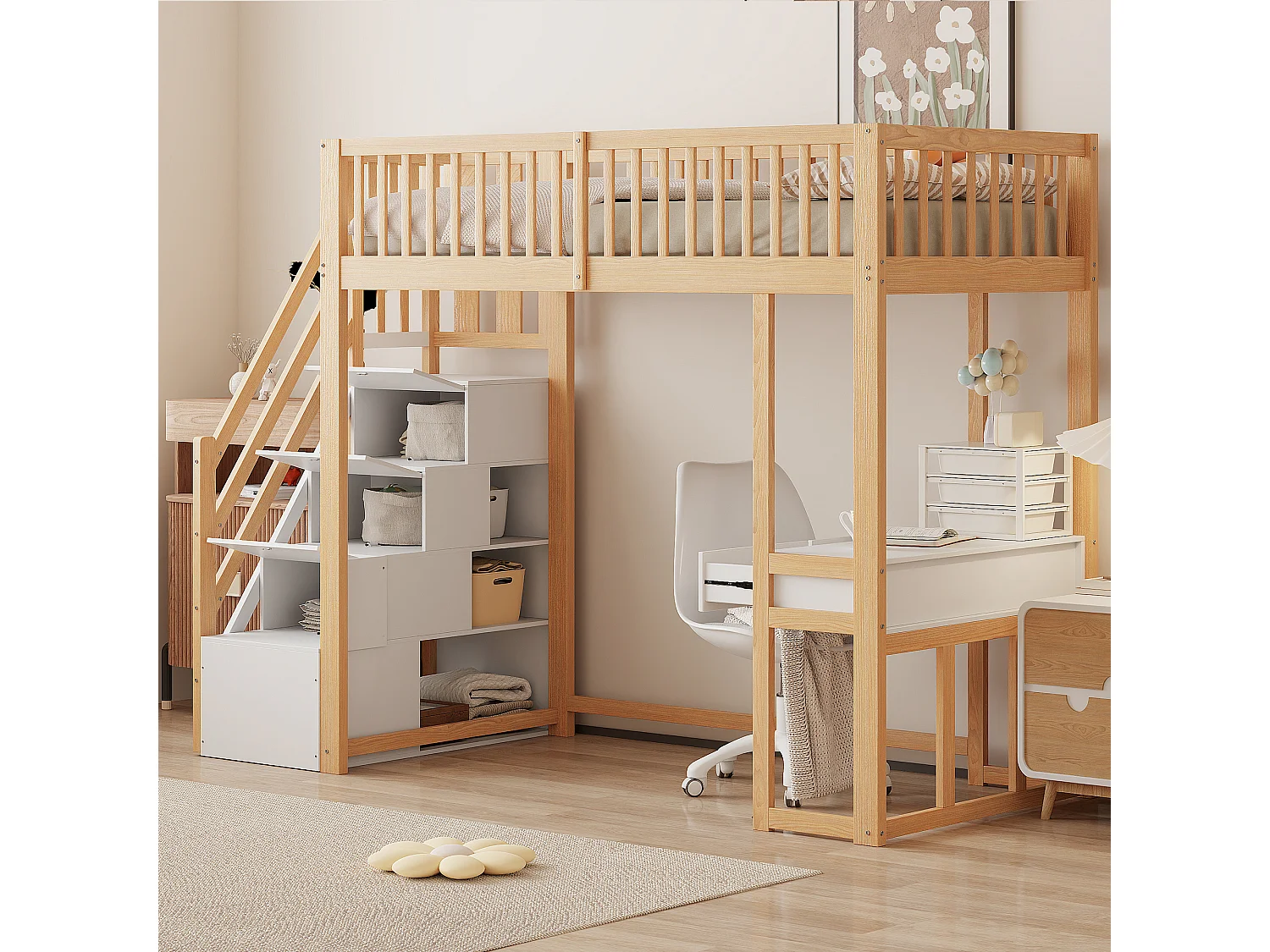 Lit mezzanine pour enfant - 90 x 200 cm - avec table + échelle de rangement + 2 tiroirs - bois - naturel
