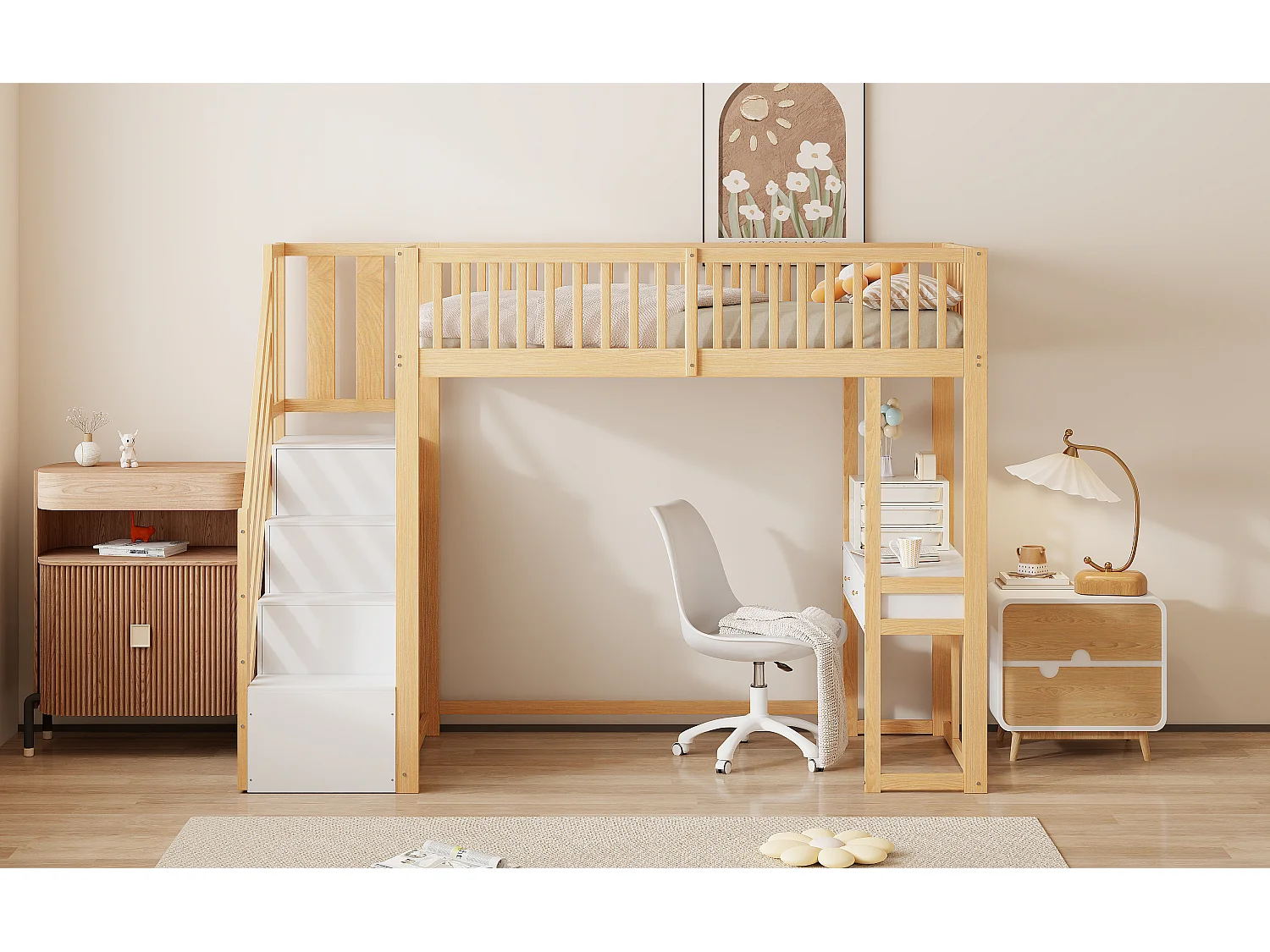 Lit mezzanine pour enfant - 90 x 200 cm - avec table + échelle de rangement + 2 tiroirs - bois - naturel