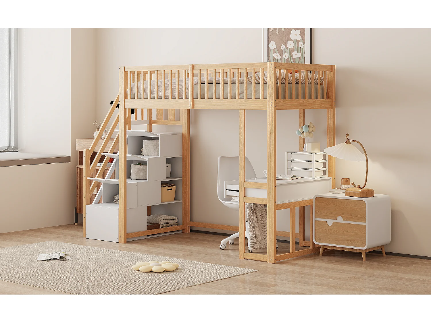 Lit mezzanine pour enfant - 90 x 200 cm - avec table + échelle de rangement + 2 tiroirs - bois - naturel