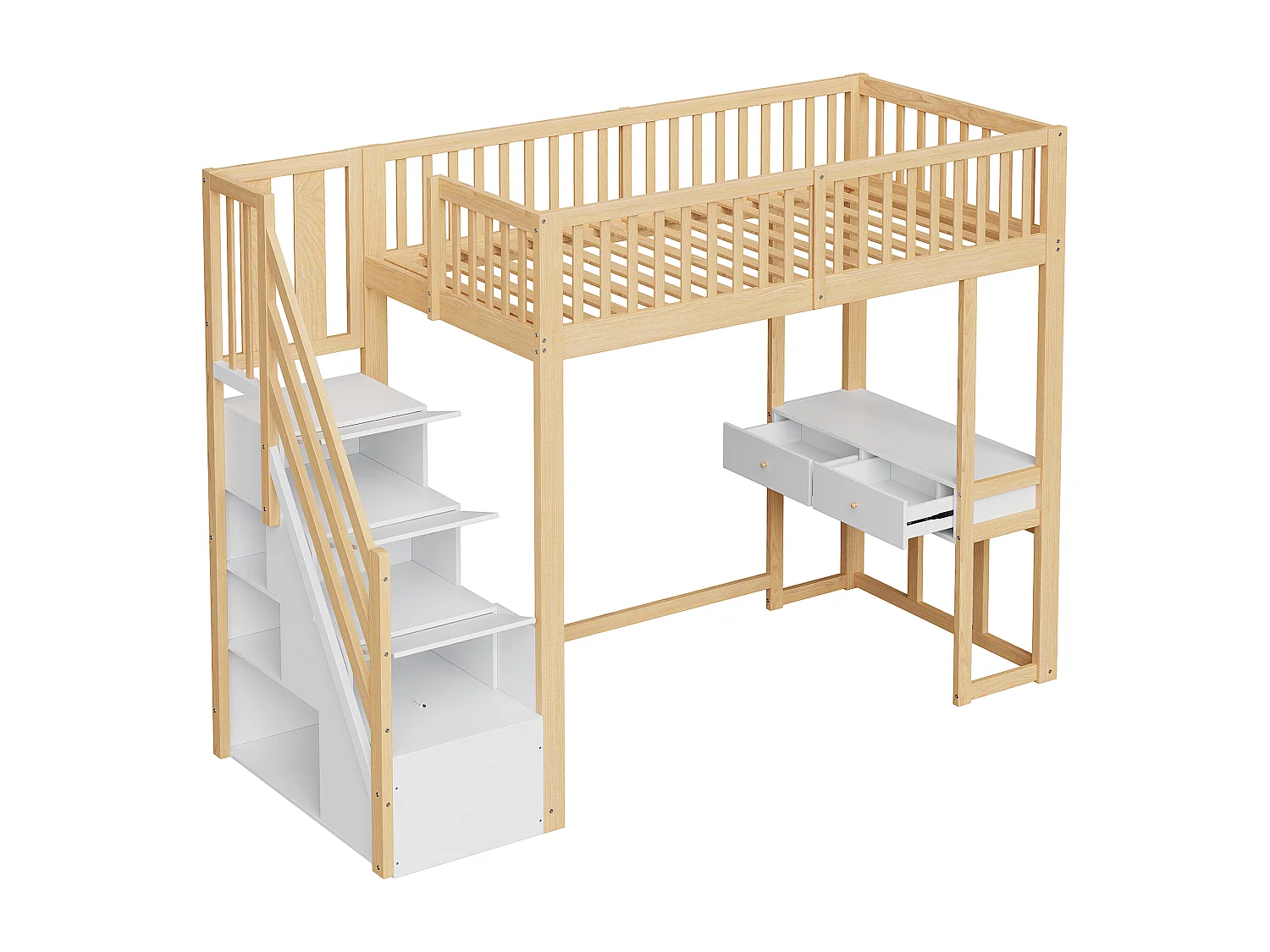 Lit mezzanine pour enfant - 90 x 200 cm - avec table + échelle de rangement + 2 tiroirs - bois - naturel