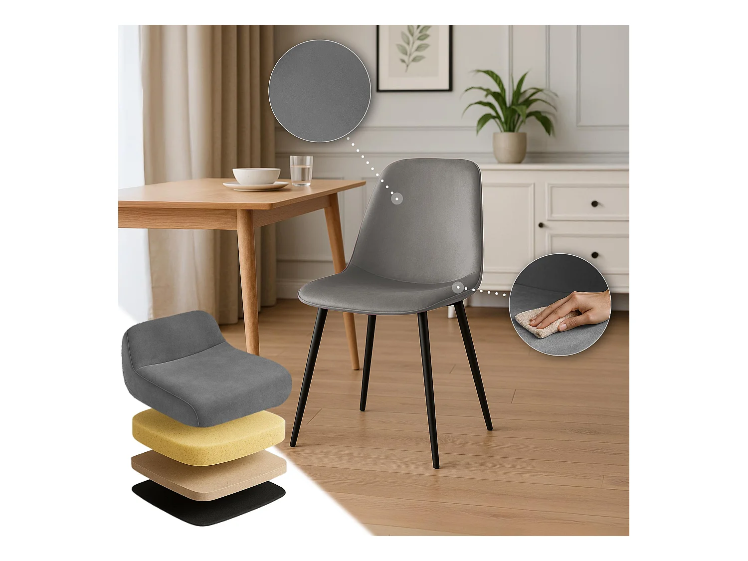 Lot de 4  chaise salle à manger - Velours - Gris clair - Maryam