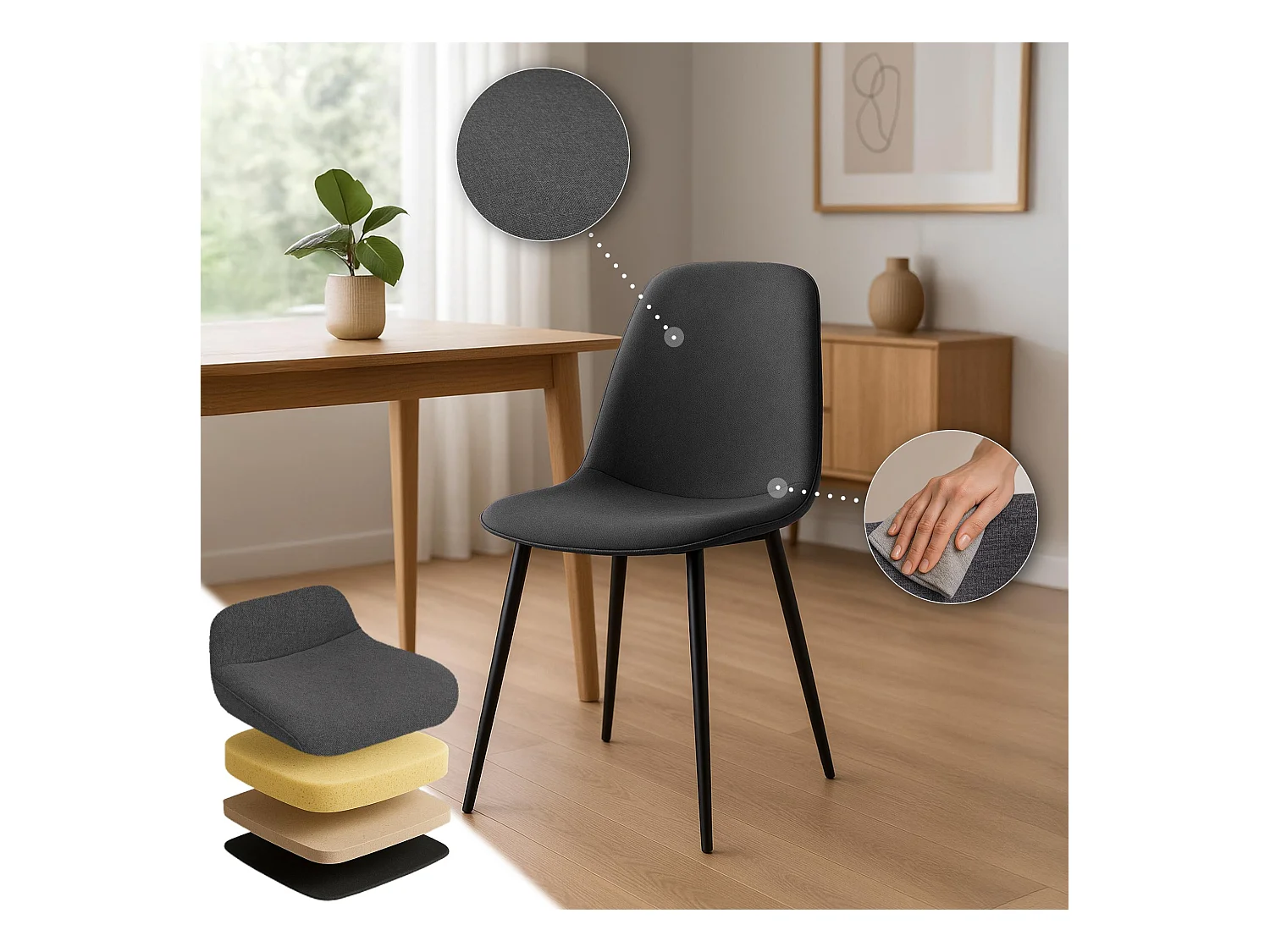 Lot de 4  chaise salle à manger - Tissu - Gris foncé - Maryam