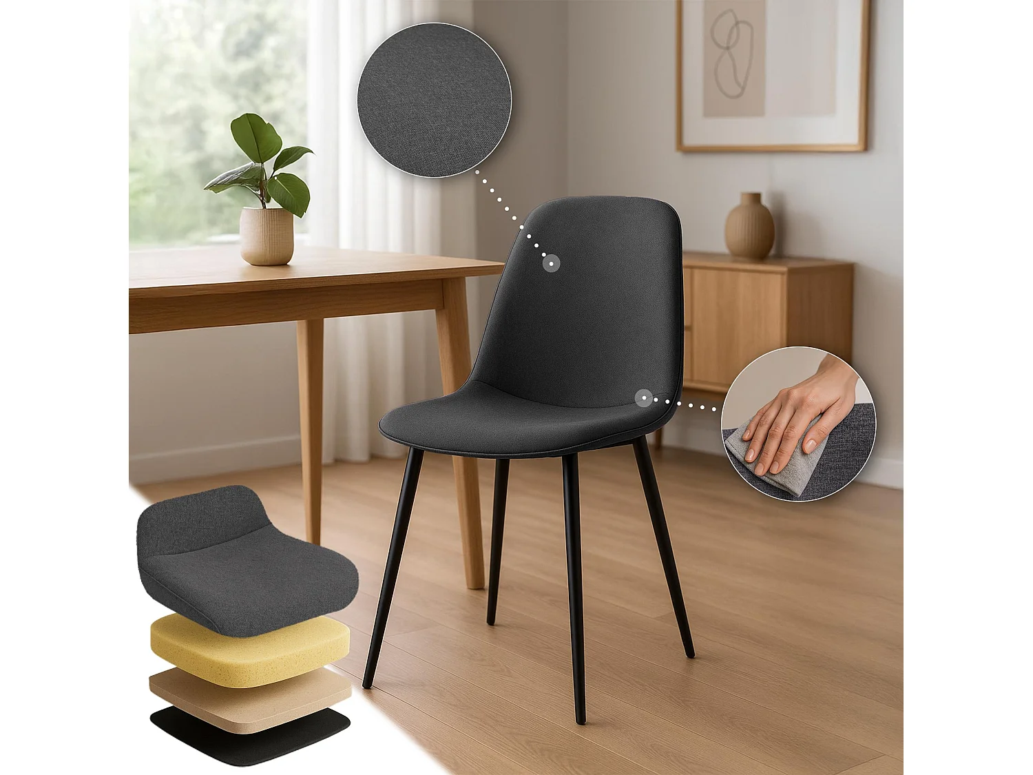 Lot de 4  chaise salle à manger - Tissu - Gris foncé - Maryam