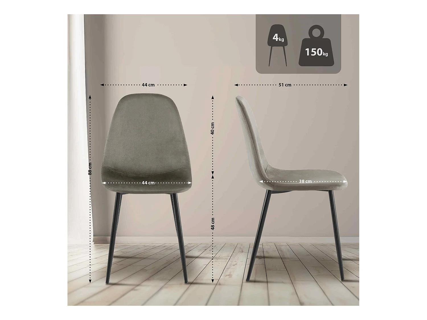 Lot de 4  chaise salle à manger - Velours - Anthracite - Napier